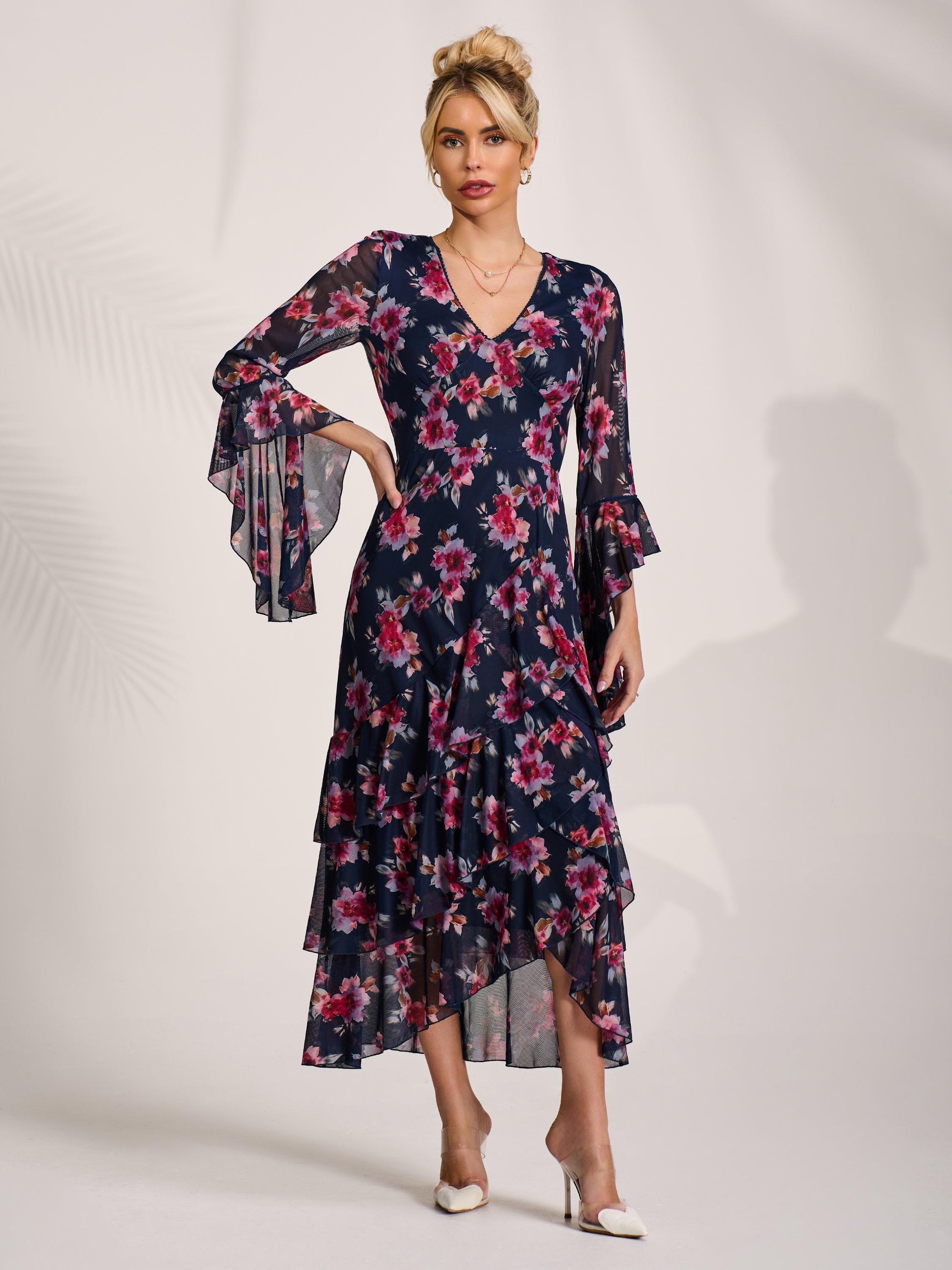 Ruffle Sleeve Tiered Mesh Midaxi Dress Styled View
