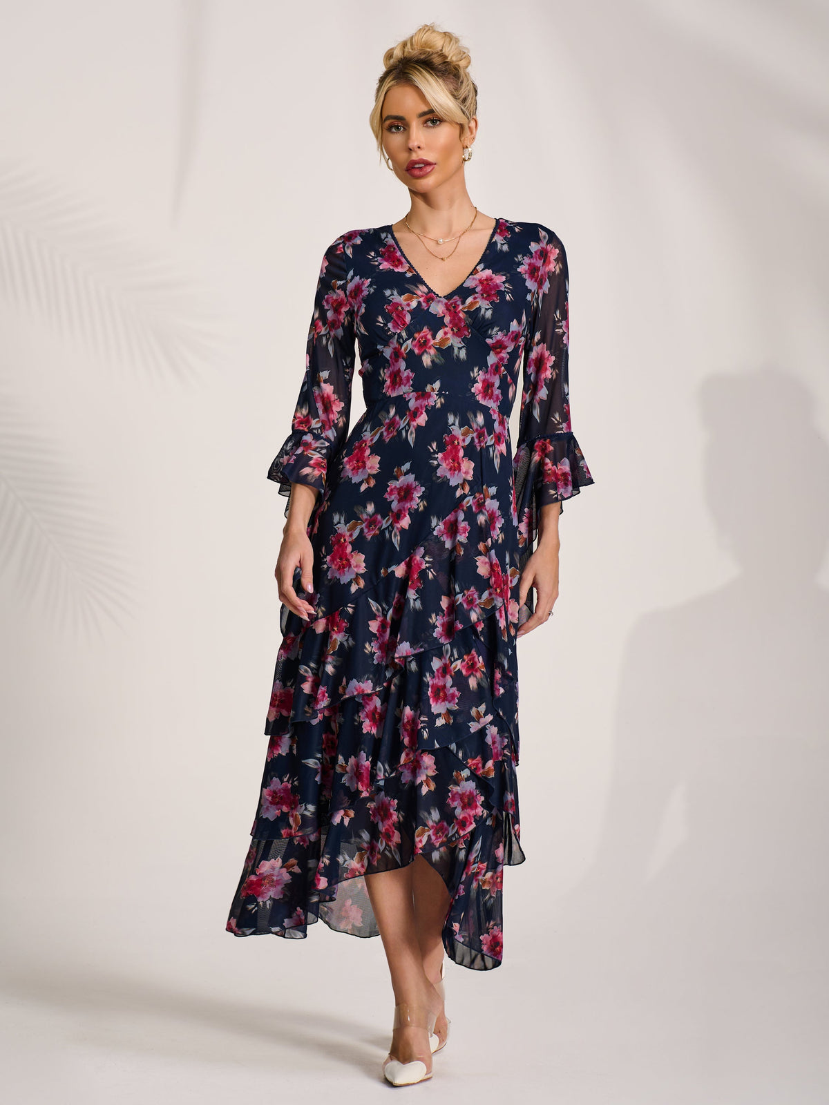 Ruffle Sleeve Tiered Mesh Midaxi Dress Full Length View