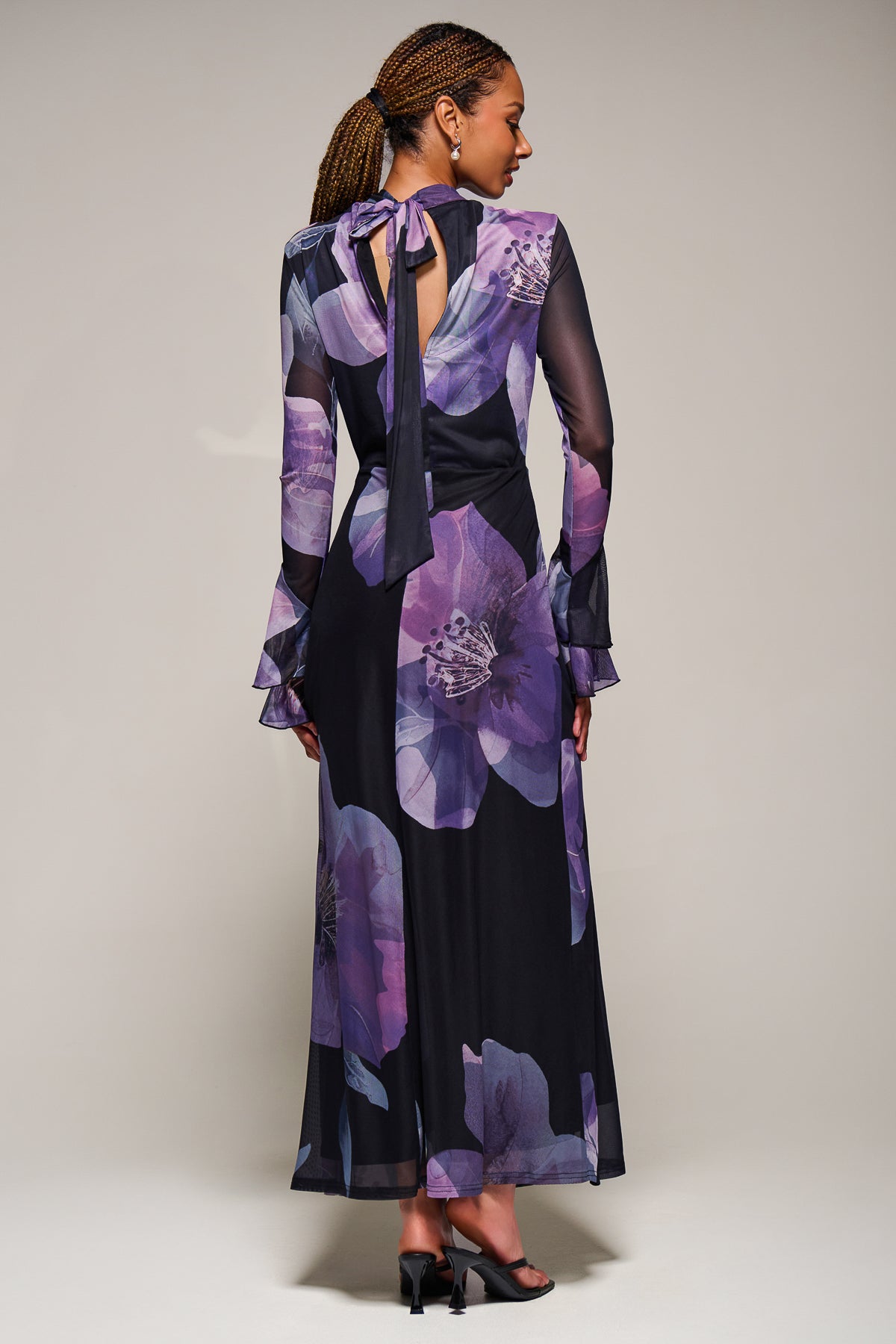 Ruffle Long Sleeve Mesh Maxi Dress Back View
