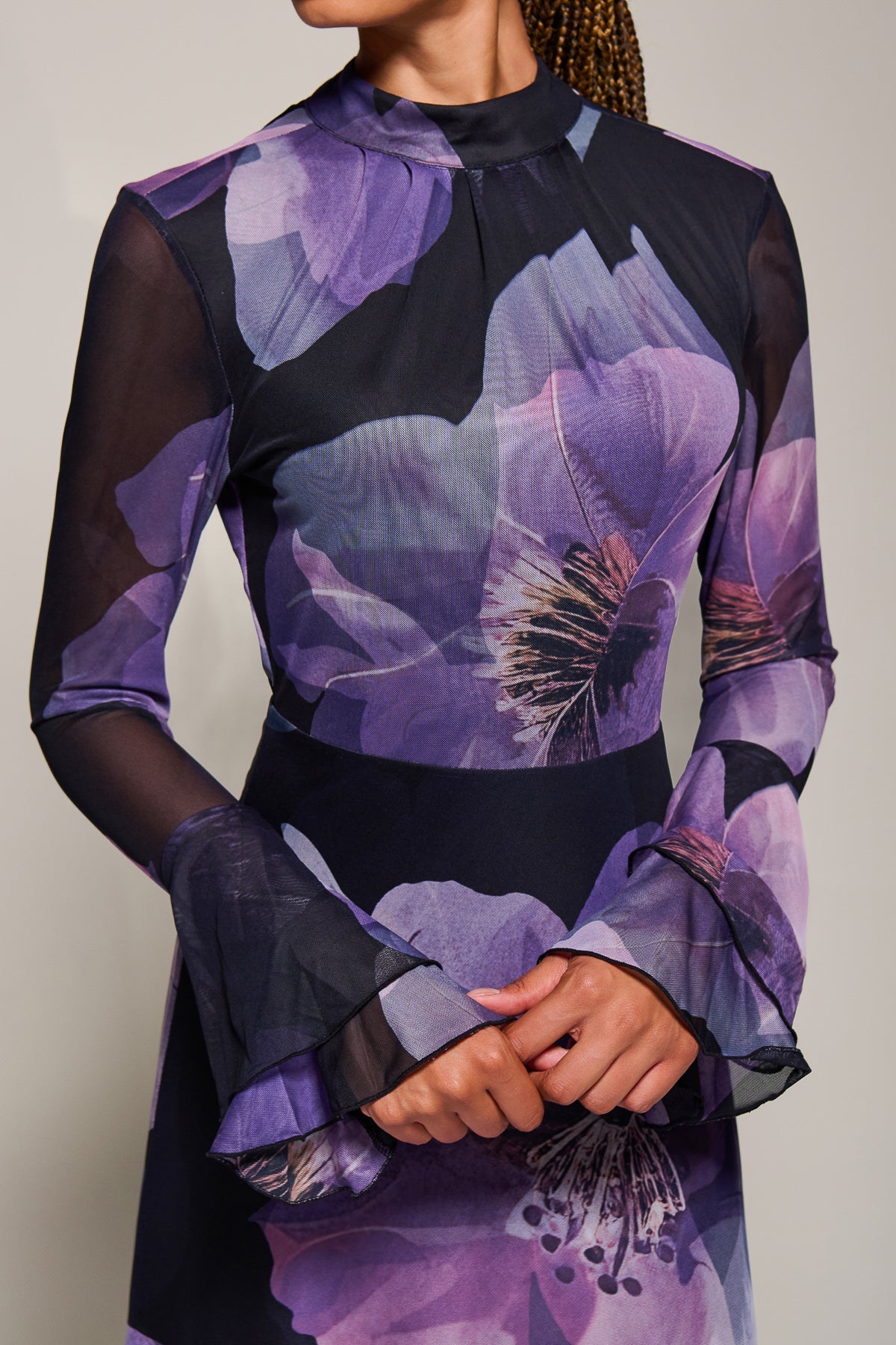 Ruffle Long Sleeve Mesh Maxi Dress Side View