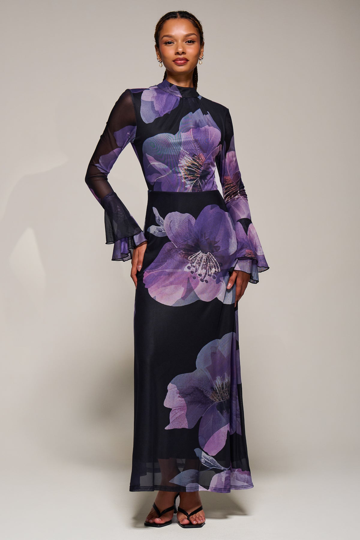 Ruffle Long Sleeve Mesh Maxi Dress Styled View