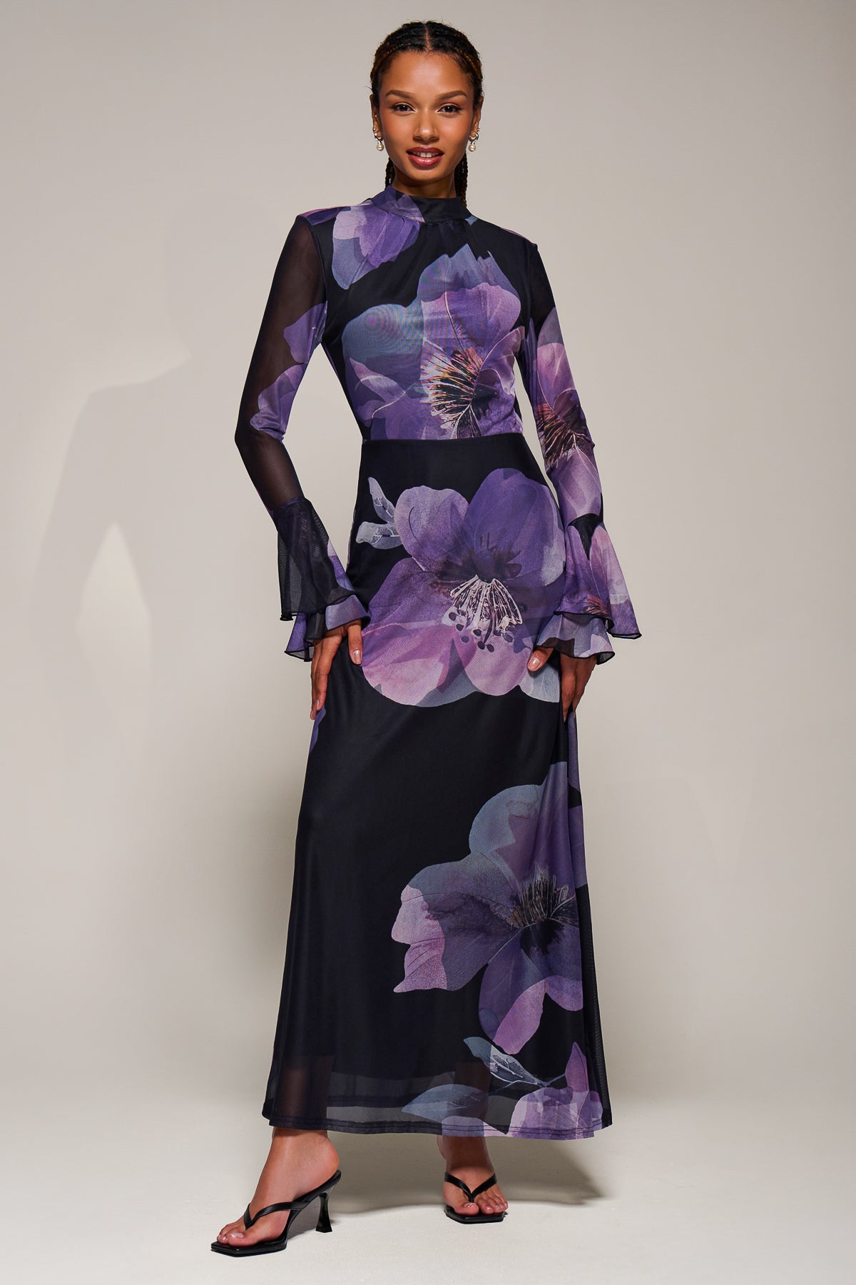 Ruffle Long Sleeve Mesh Maxi Dress Front View 2