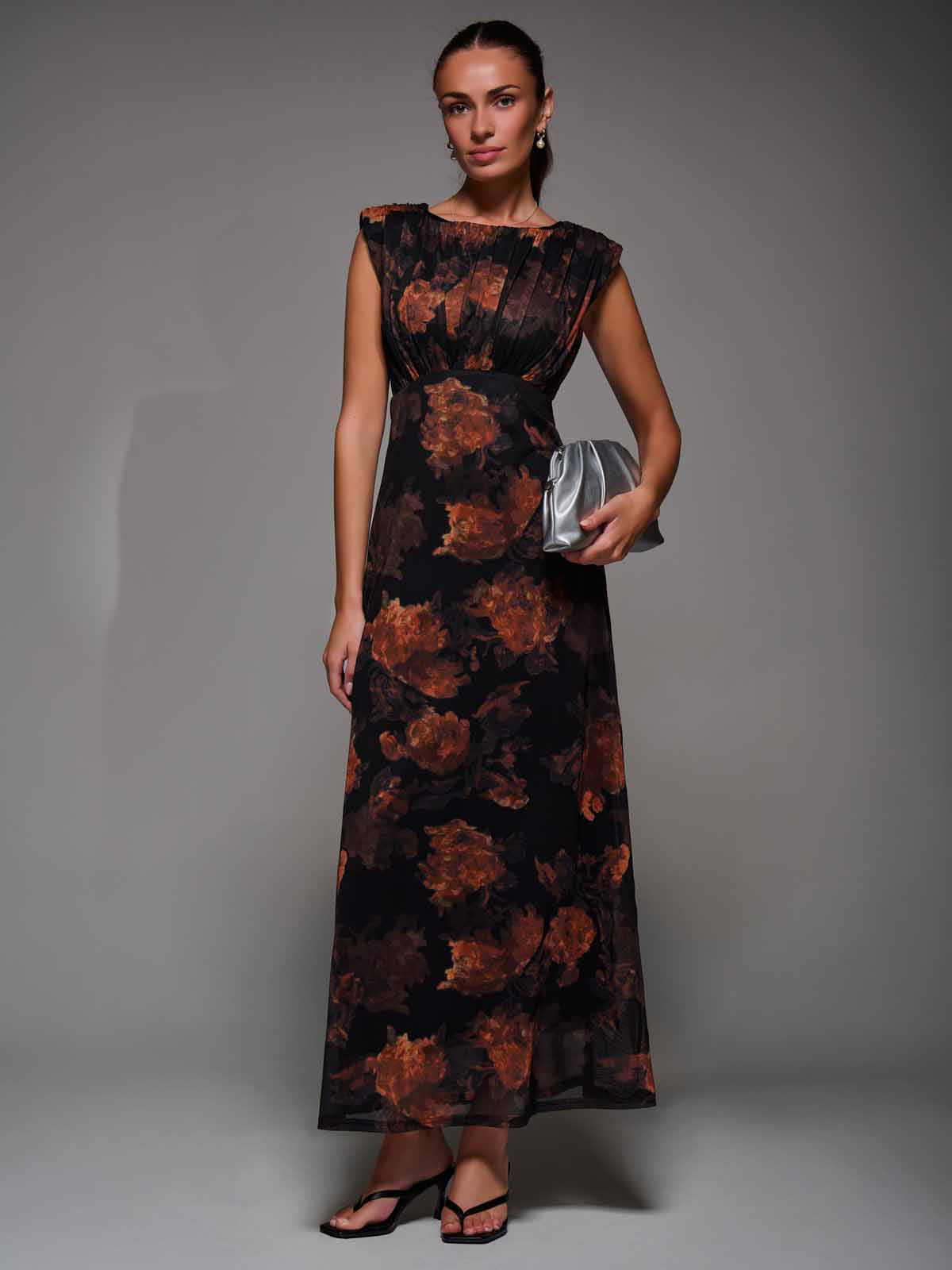Slash Neck Fit & Flare Mesh Maxi Dress Front View