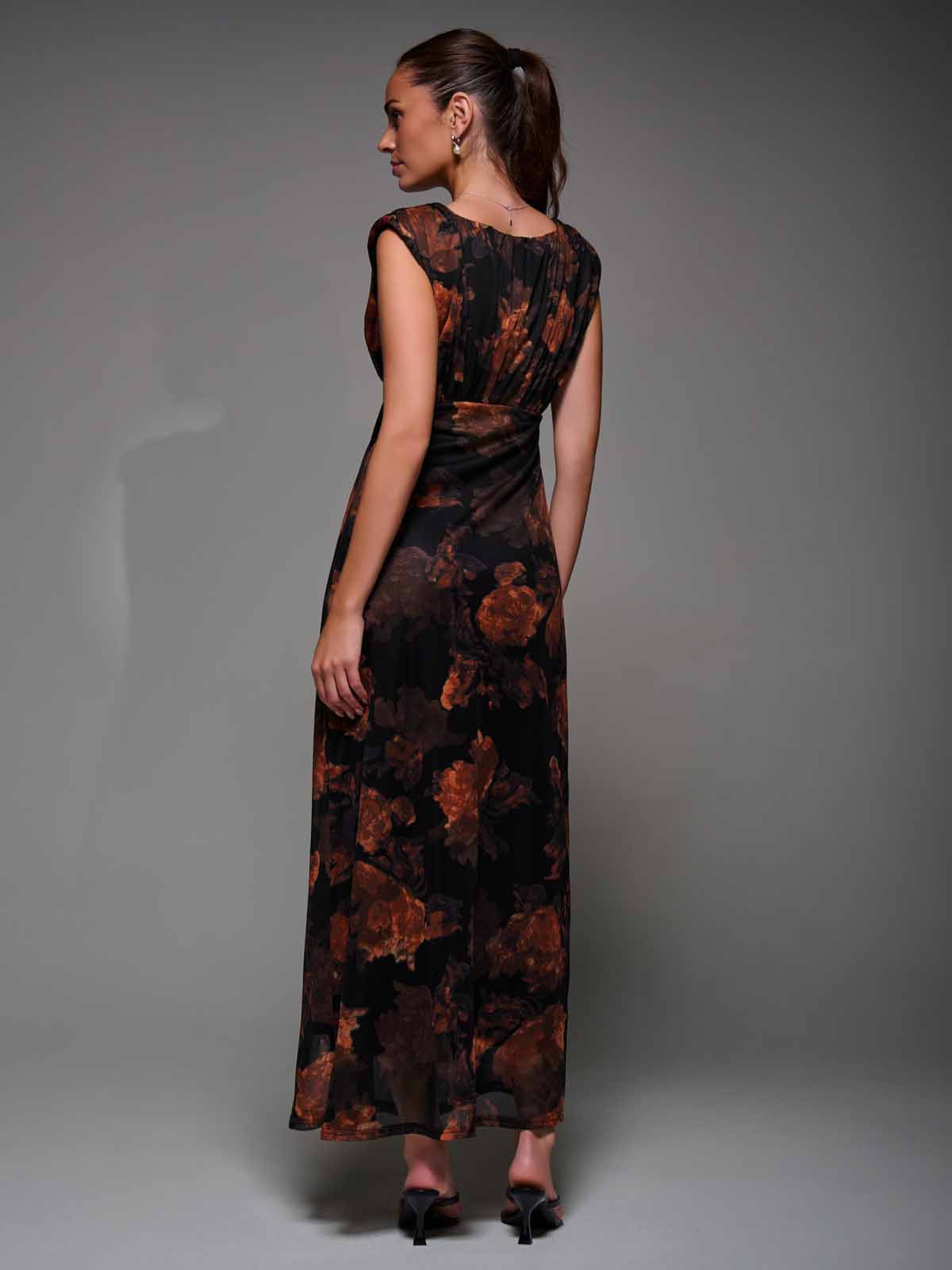 Slash Neck Fit & Flare Mesh Maxi Dress Back View