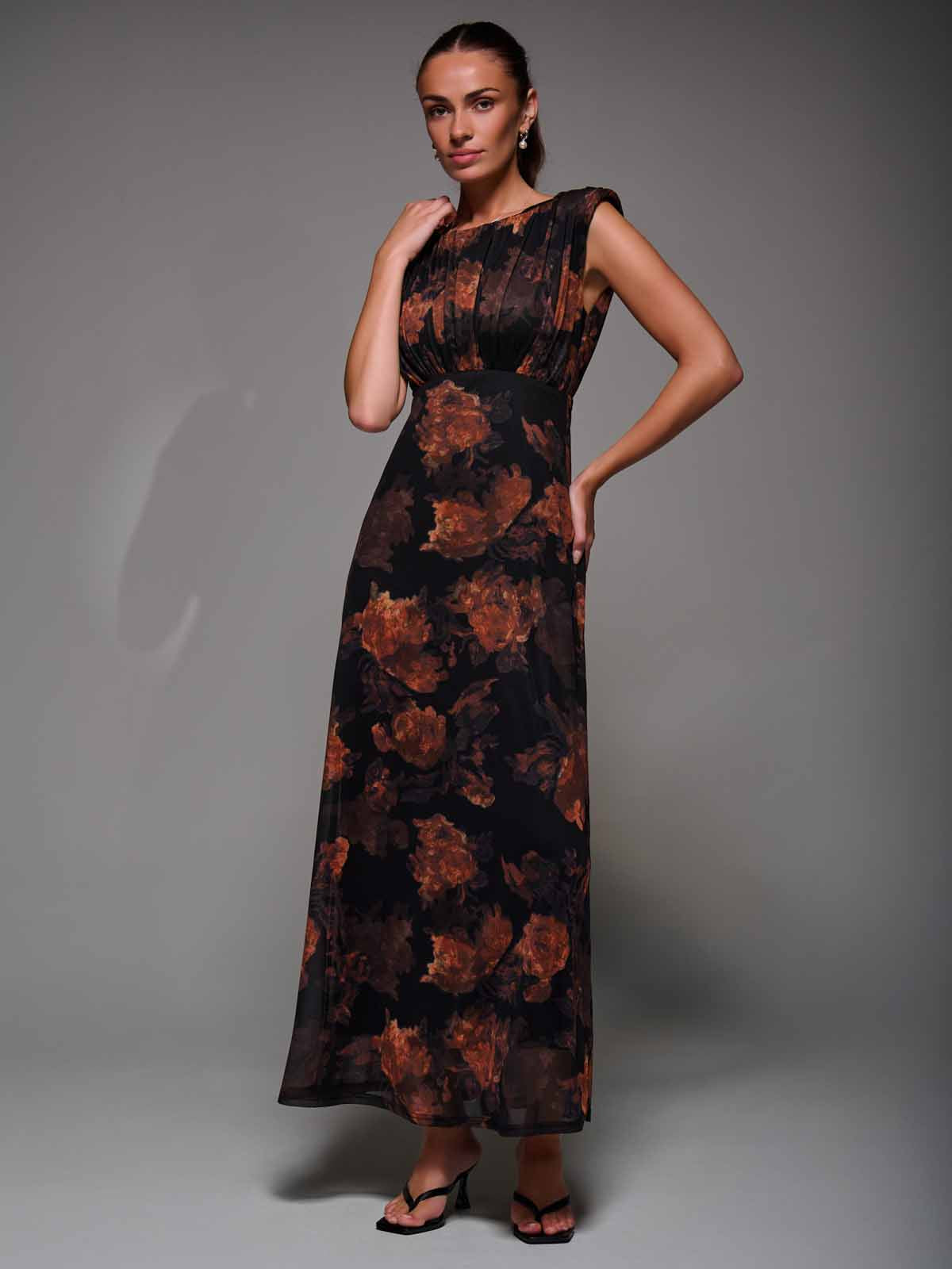Slash Neck Fit & Flare Mesh Maxi Dress Detail View