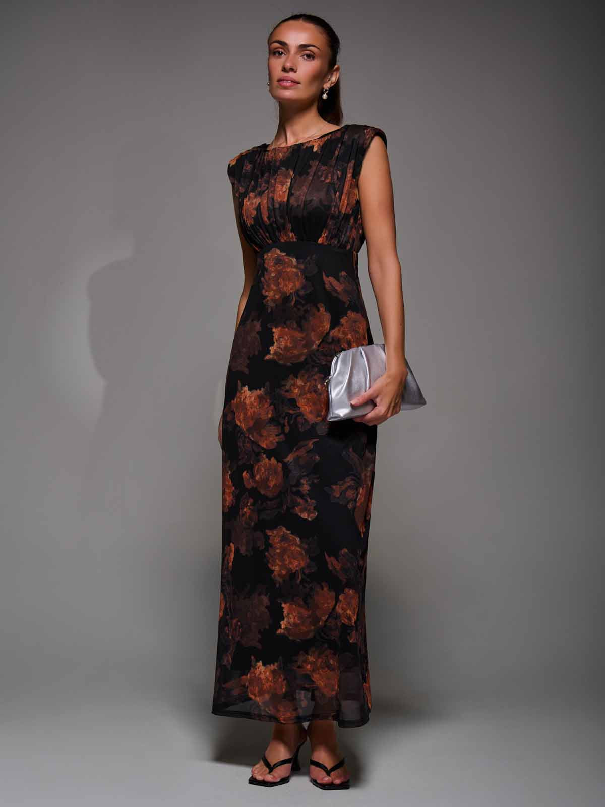 Slash Neck Fit & Flare Mesh Maxi Dress Full Length View