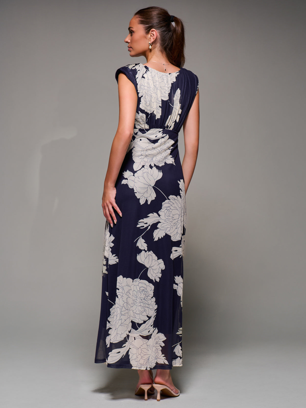 Slash Neck Fit & Flare Mesh Maxi Dress Navy Floral Back View