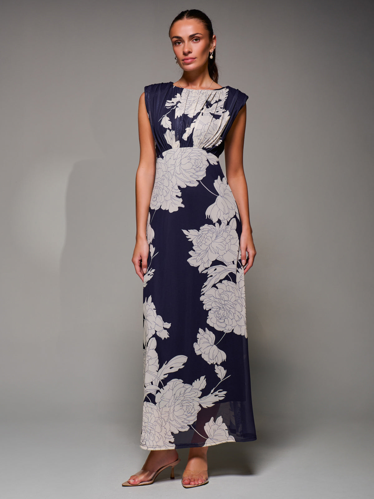 Slash Neck Fit & Flare Mesh Maxi Dress Navy Floral Styled View