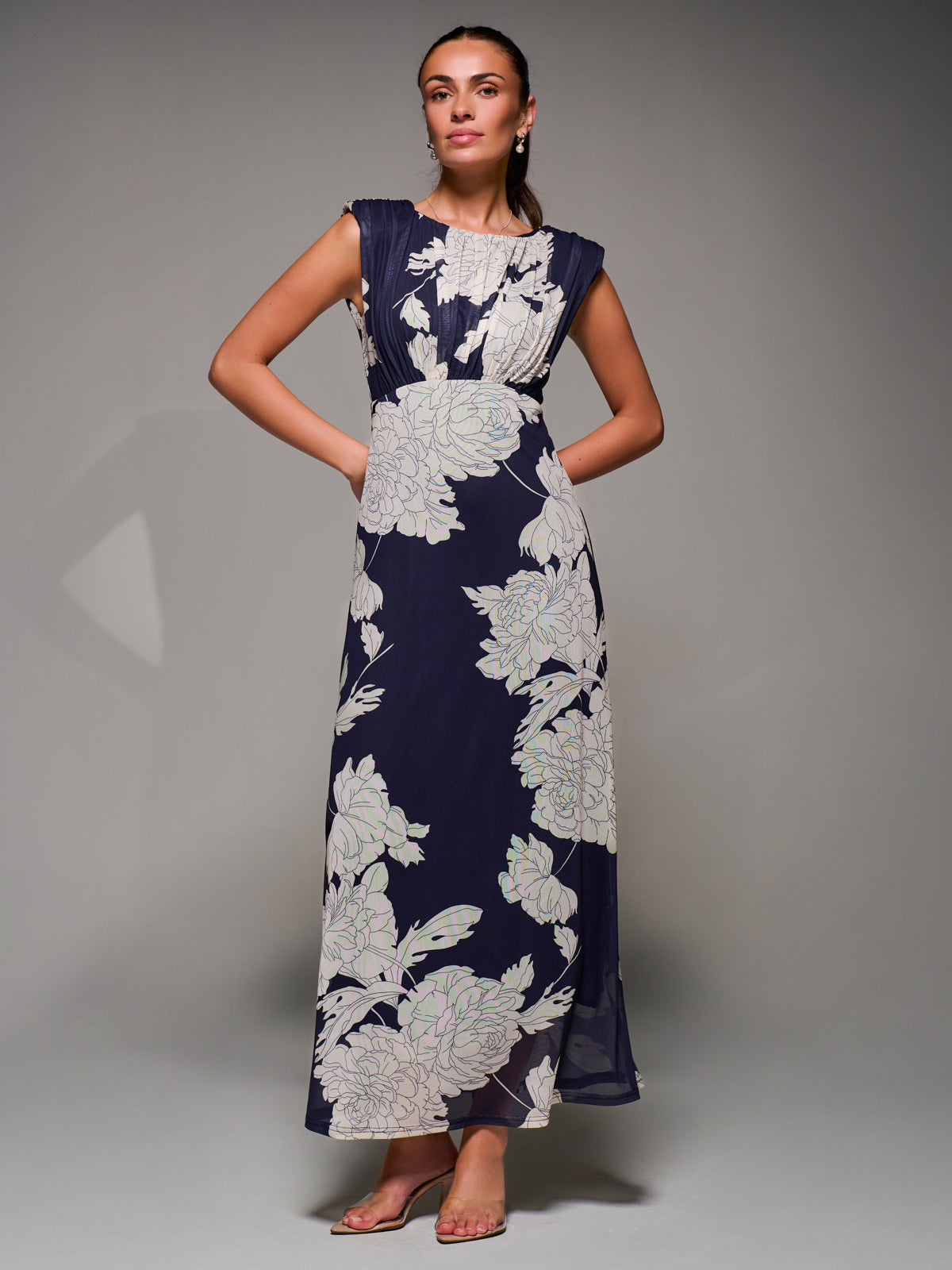 Slash Neck Fit & Flare Mesh Maxi Dress Navy Floral Front View