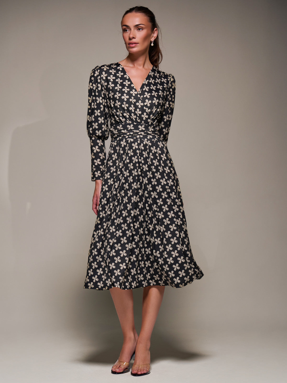 Puff Long Sleeve Jersey Midi Dress Front View 2