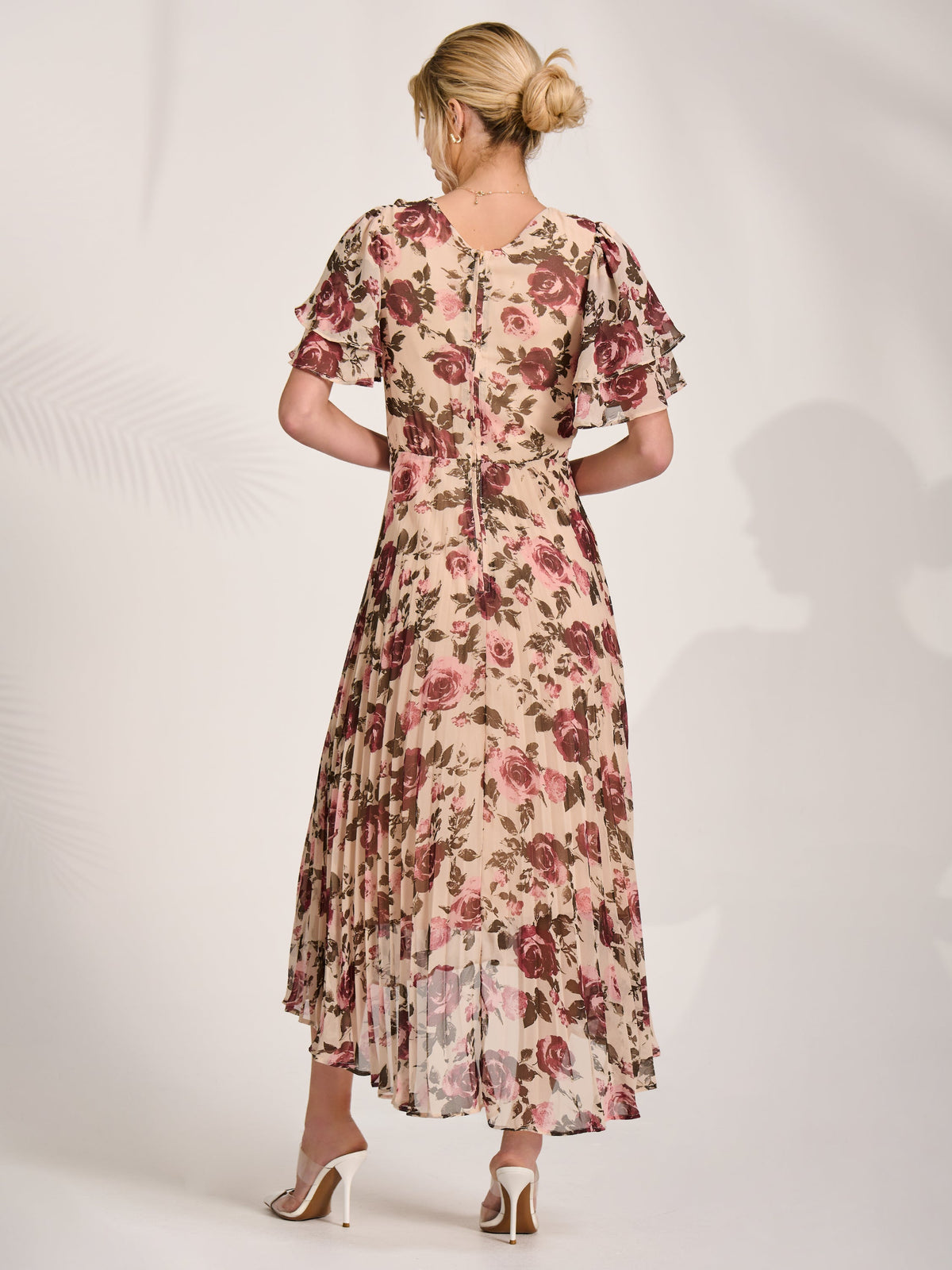 Angel Sleeve Pleated Chiffon Midaxi Dress cream floral Back View