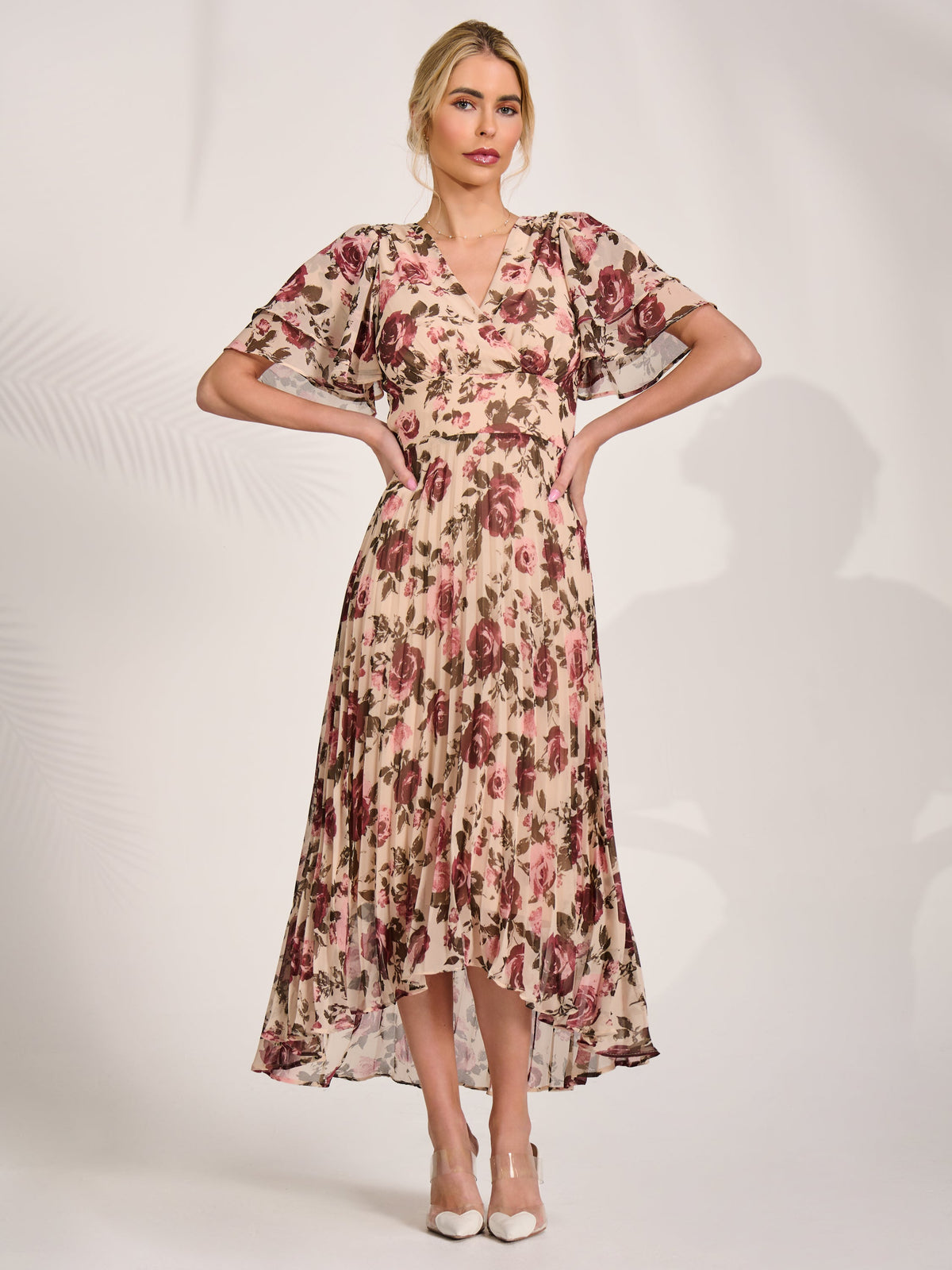 Angel Sleeve Pleated Chiffon Midaxi Dress cream floral Styled View