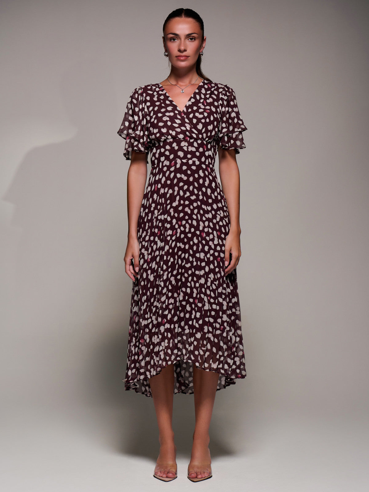 Angel Sleeve Pleated Chiffon Midaxi Dress Full Length View