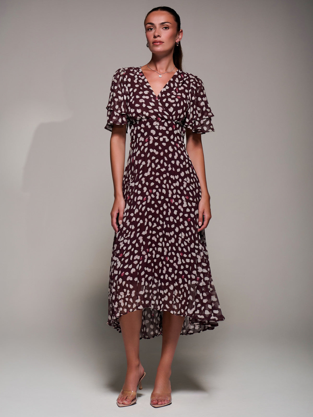 Angel Sleeve Pleated Chiffon Midaxi Dress Front View 2