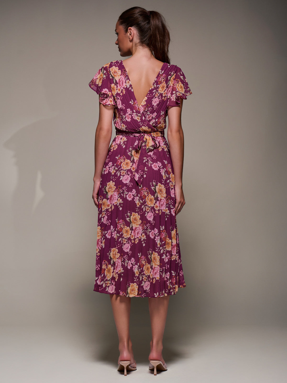 Printed Ruffle Detail Pleated Chiffon Midi Back View