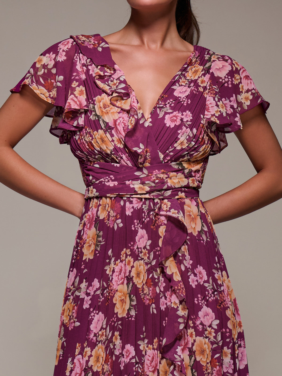 Printed Ruffle Detail Pleated Chiffon Midi Side View