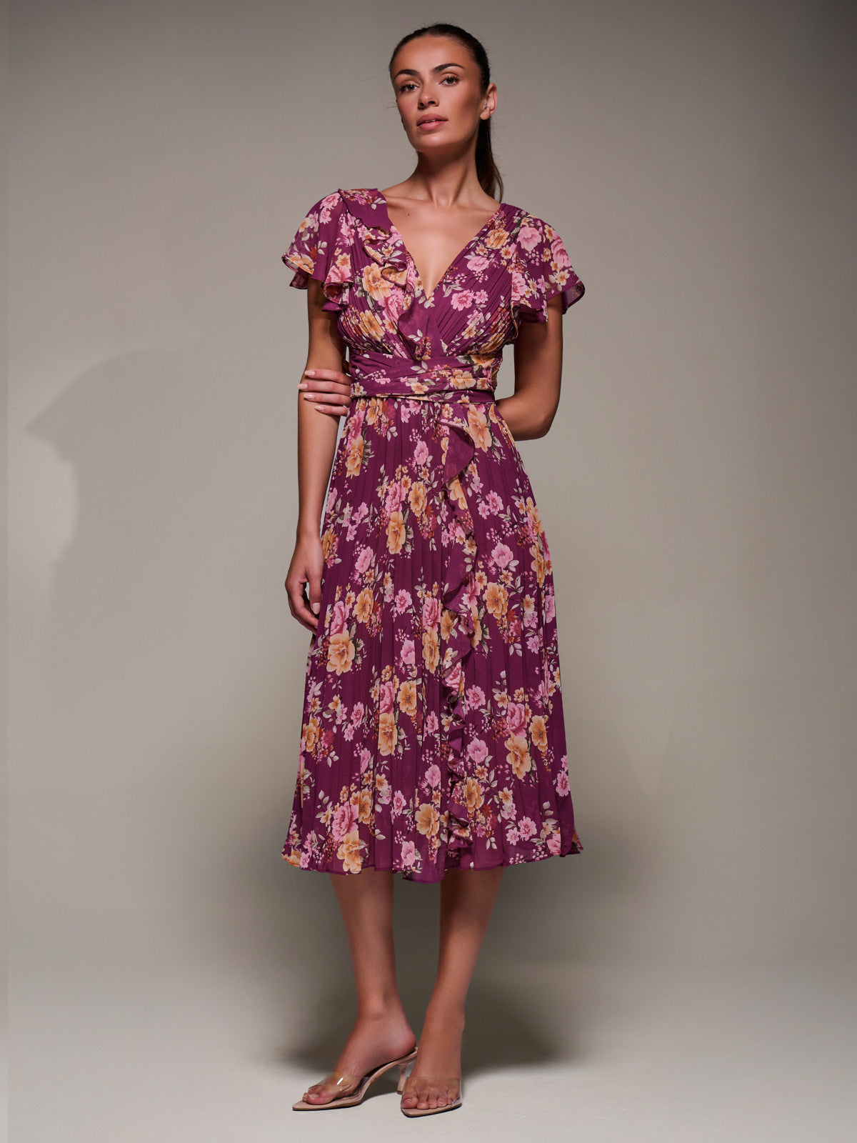 Printed Ruffle Detail Pleated Chiffon Midi Front View