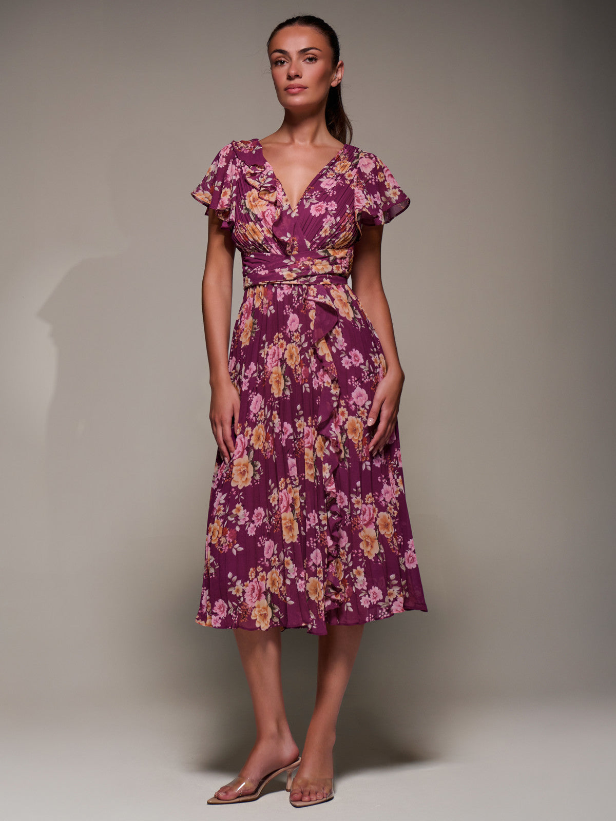 Printed Ruffle Detail Pleated Chiffon Midi Front View 2