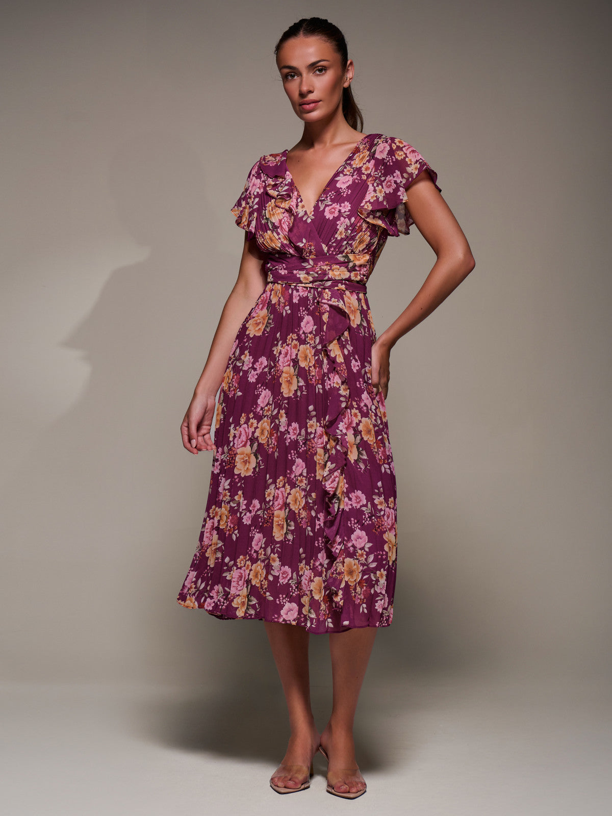 Printed Ruffle Detail Pleated Chiffon Midi Styled View