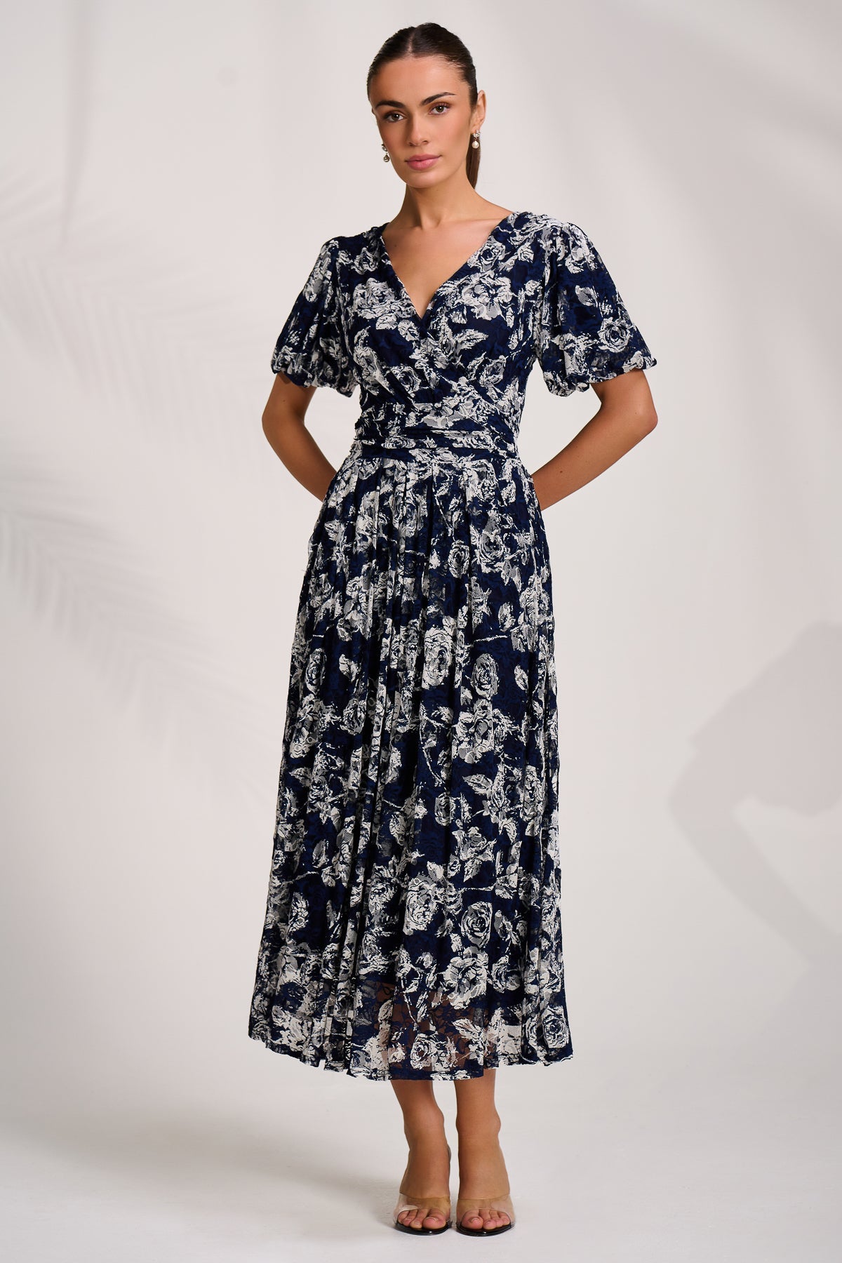 Puff Sleeve Printed Lace Maxi Dress Front View