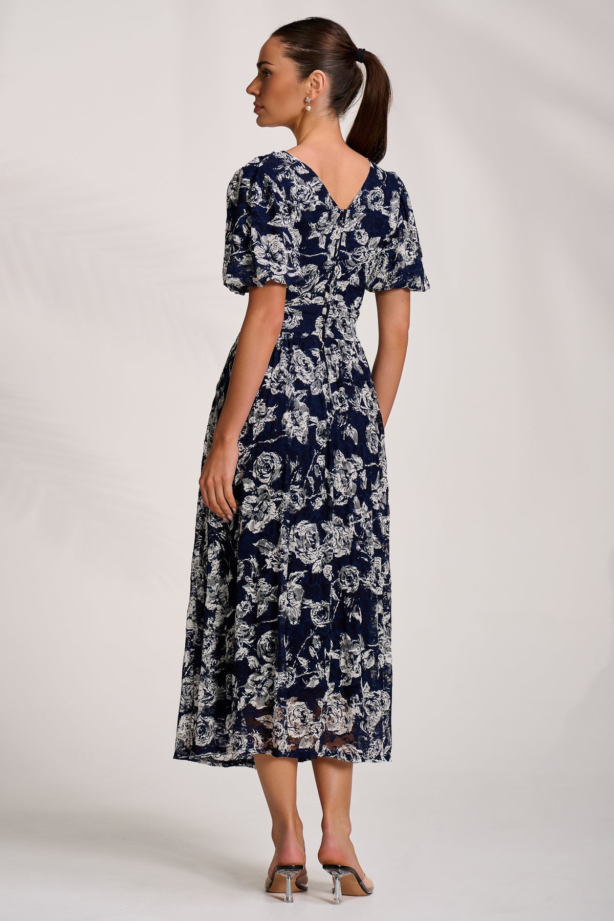Puff Sleeve Printed Lace Maxi Dress Back View
