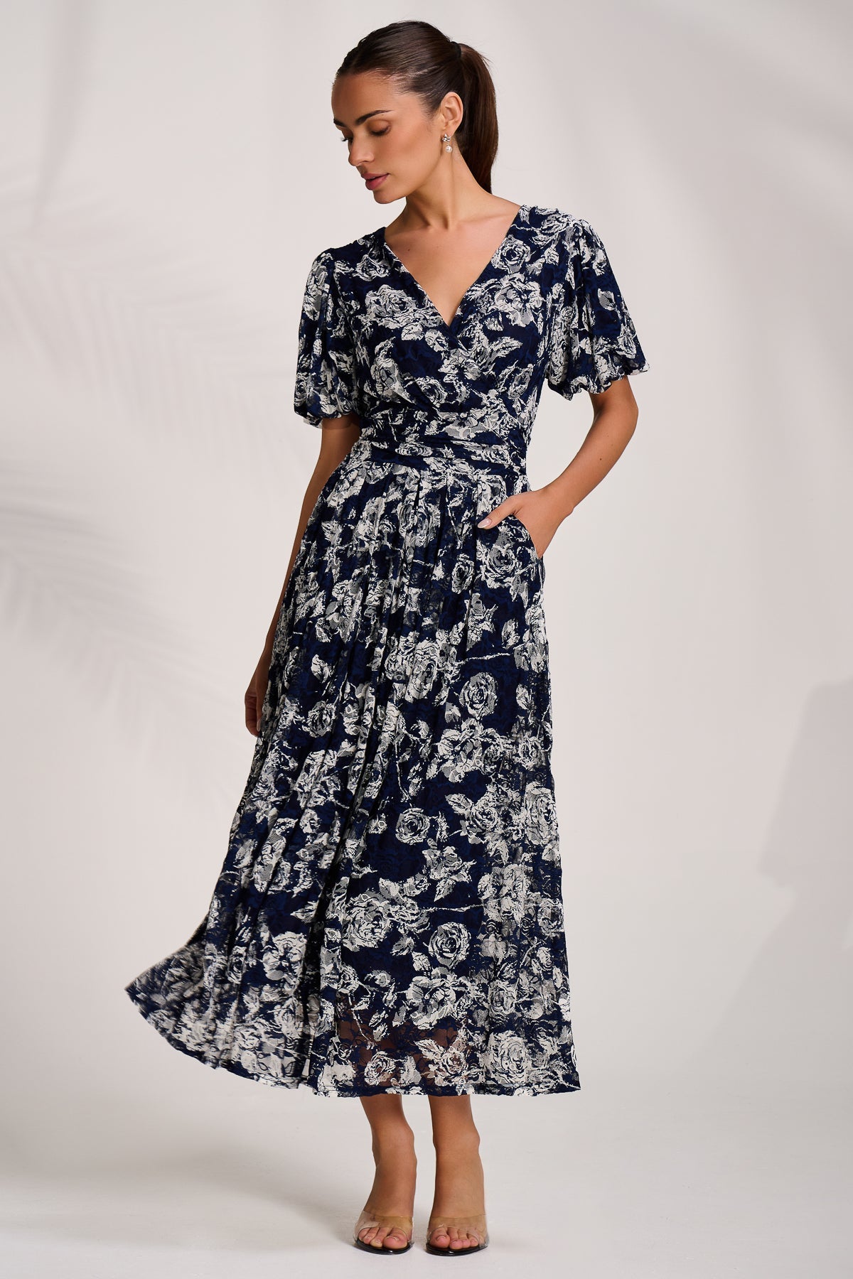 Puff Sleeve Printed Lace Maxi Dress Styled View