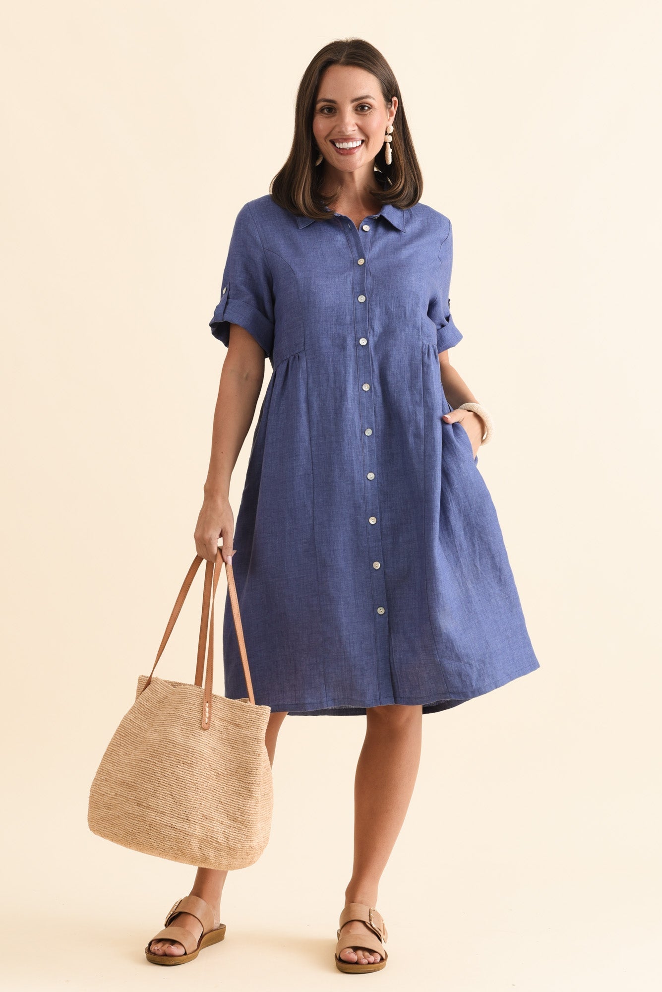Katy Blue Linen Pocket Dress Front View