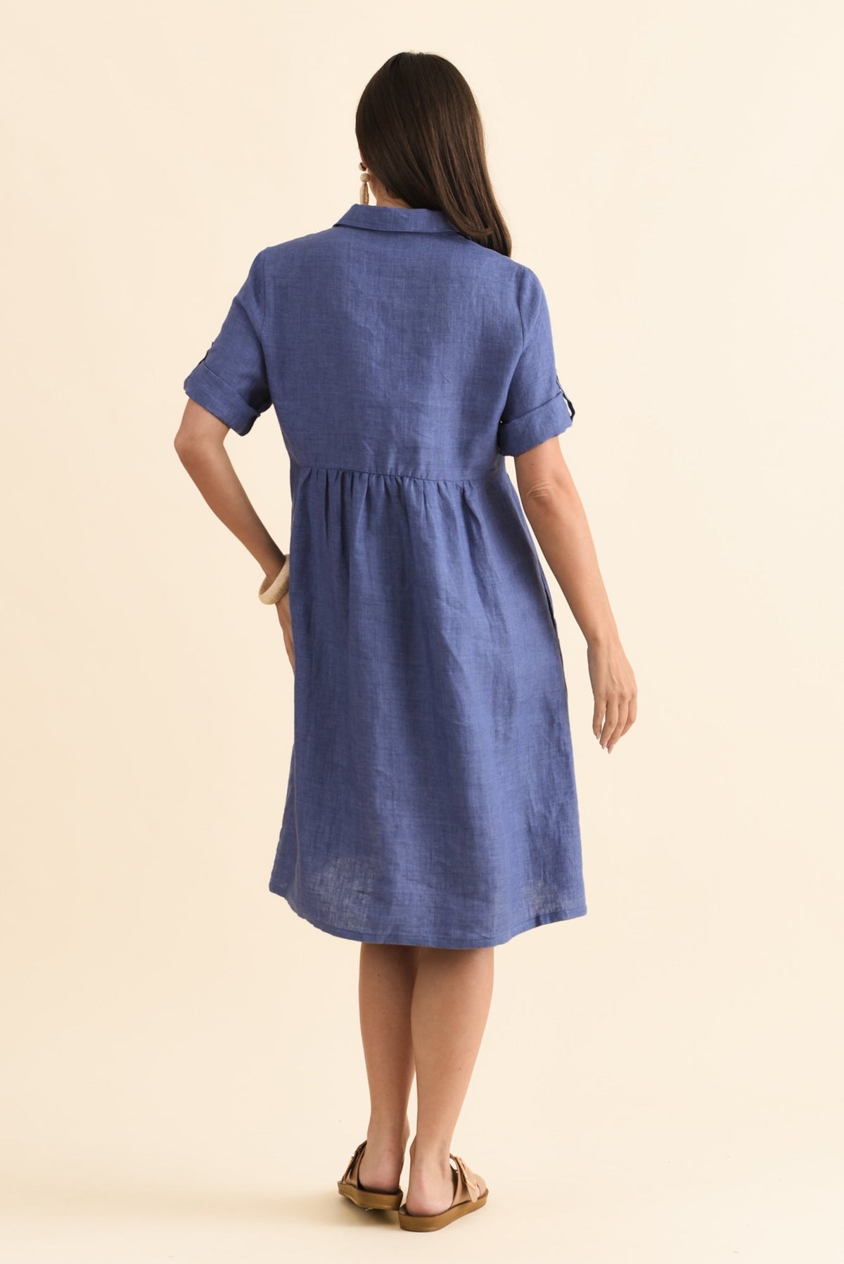 Katy Blue Linen Pocket Dress Detail View