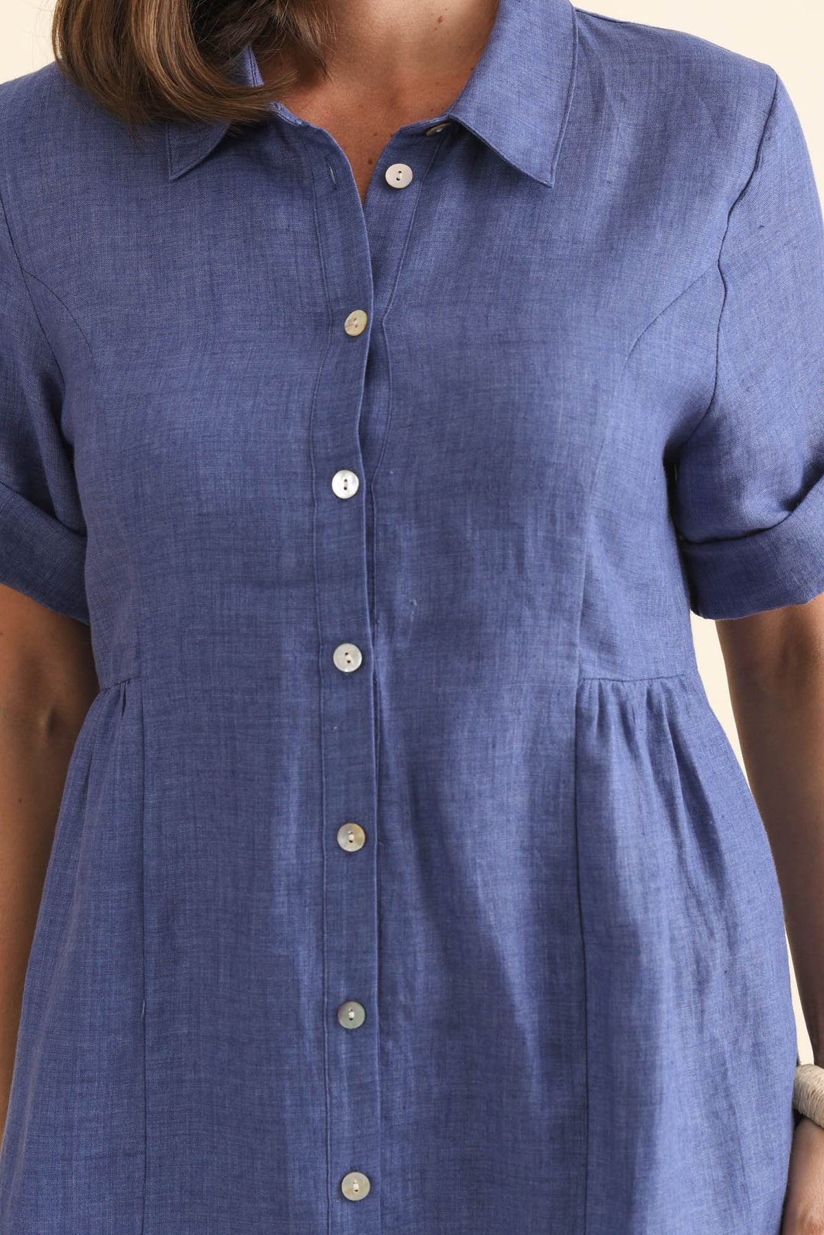 Katy Blue Linen Pocket Dress Full Length View