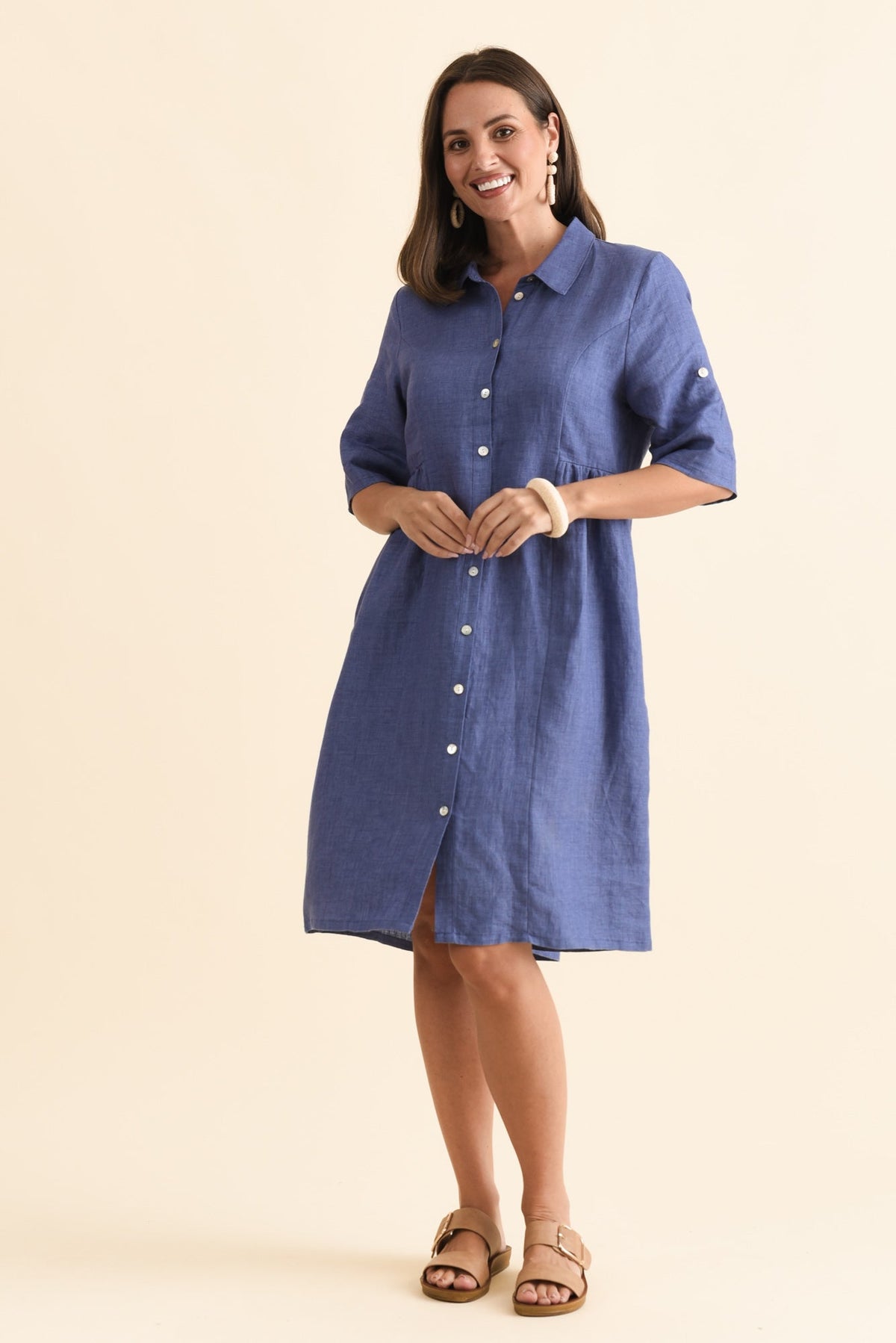 Katy Blue Linen Pocket Dress Back View
