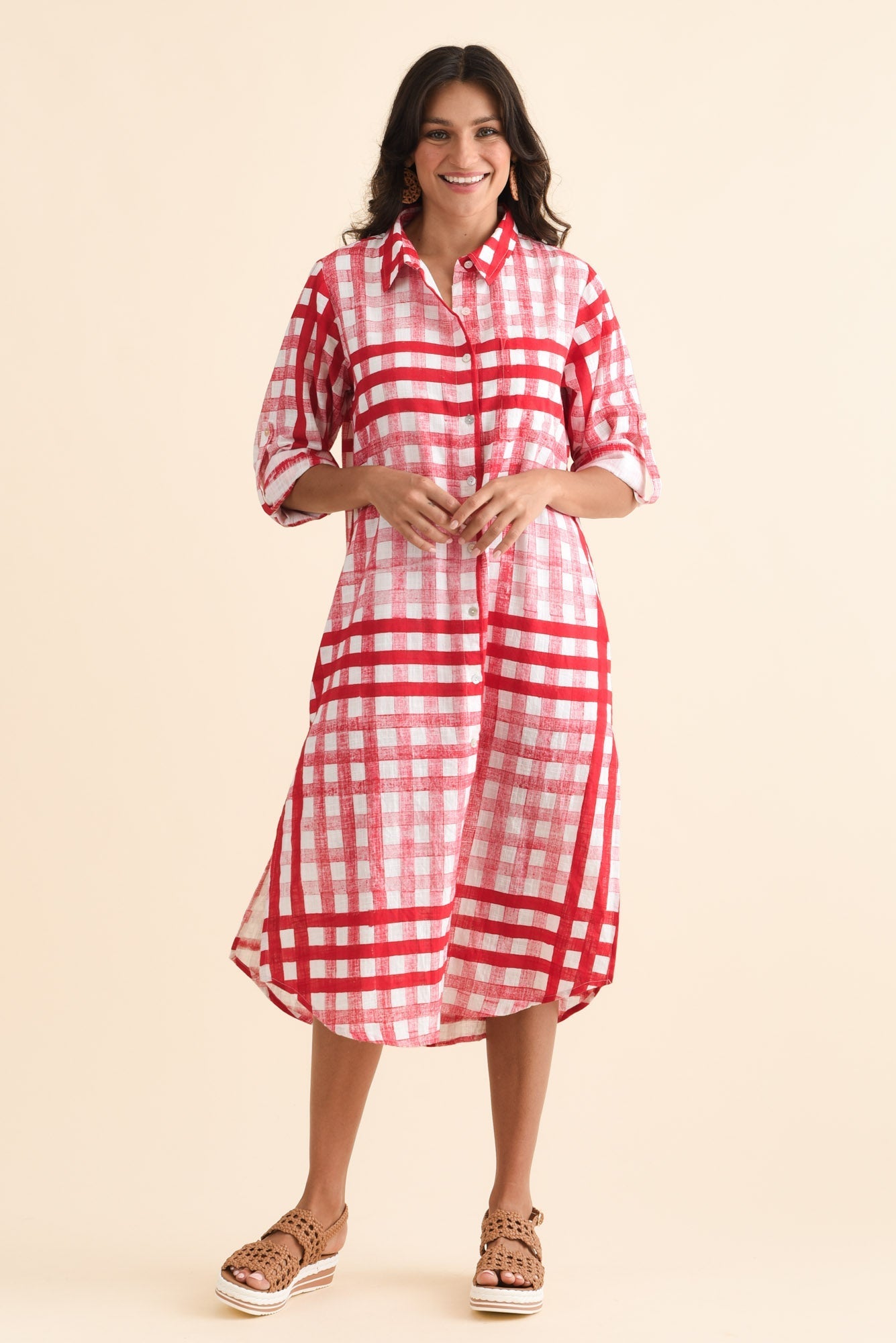 Macaria Red Check Cotton Shirt Dress Front View