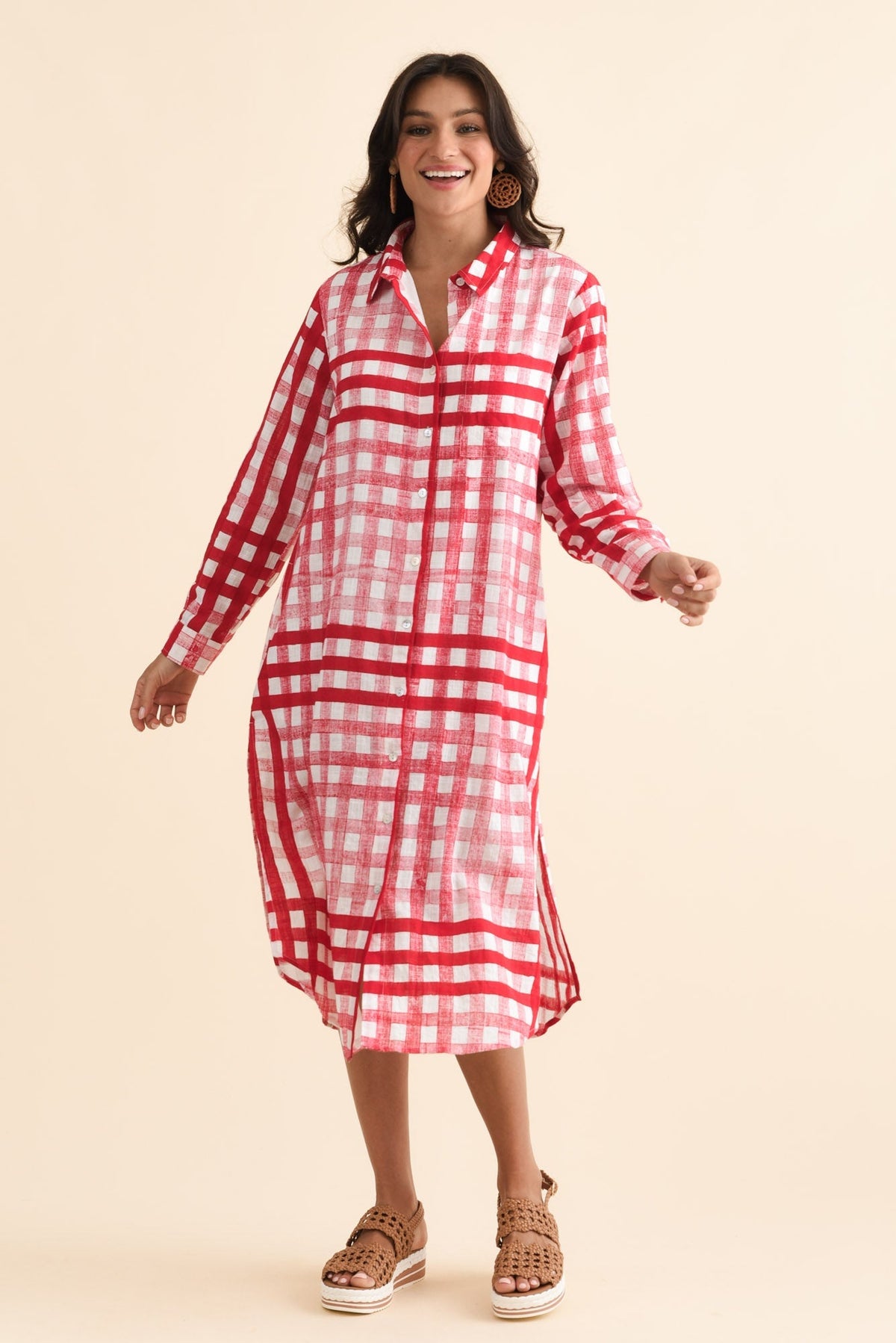Macaria Red Check Cotton Shirt Dress Front View 2