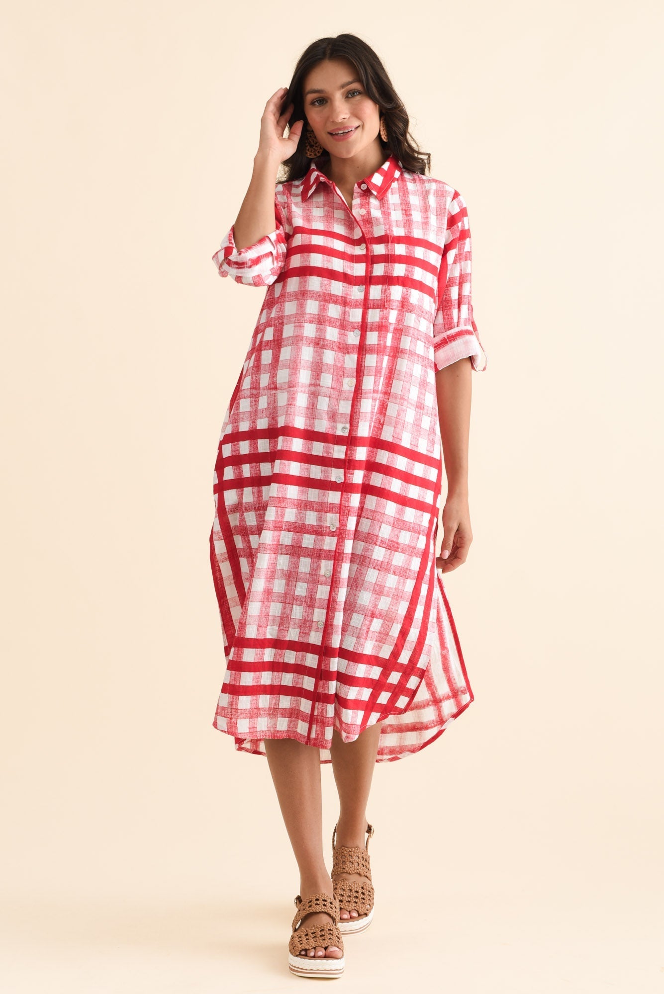 Macaria Red Check Cotton Shirt Dress Full Length View