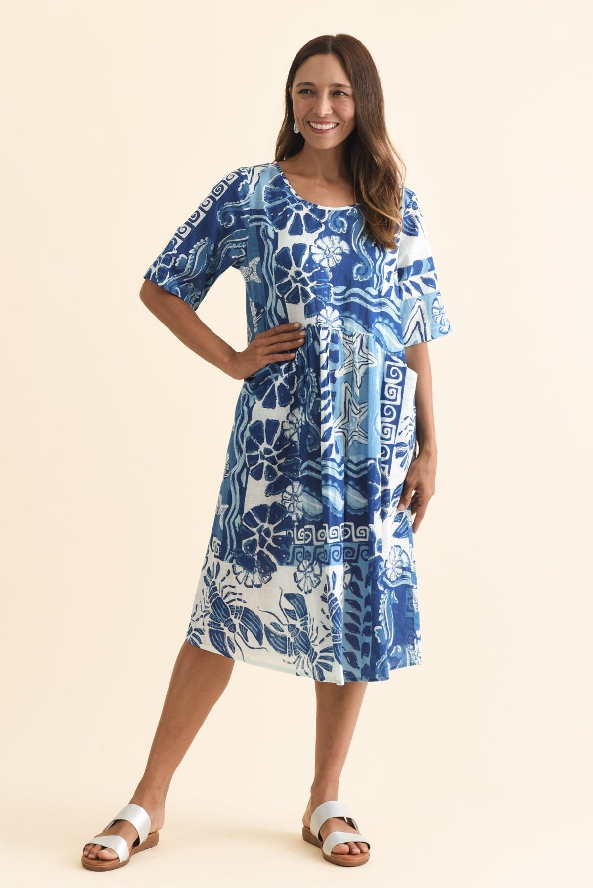 Mackie Blue Ocean Cotton Pocket Dress Full Length View
