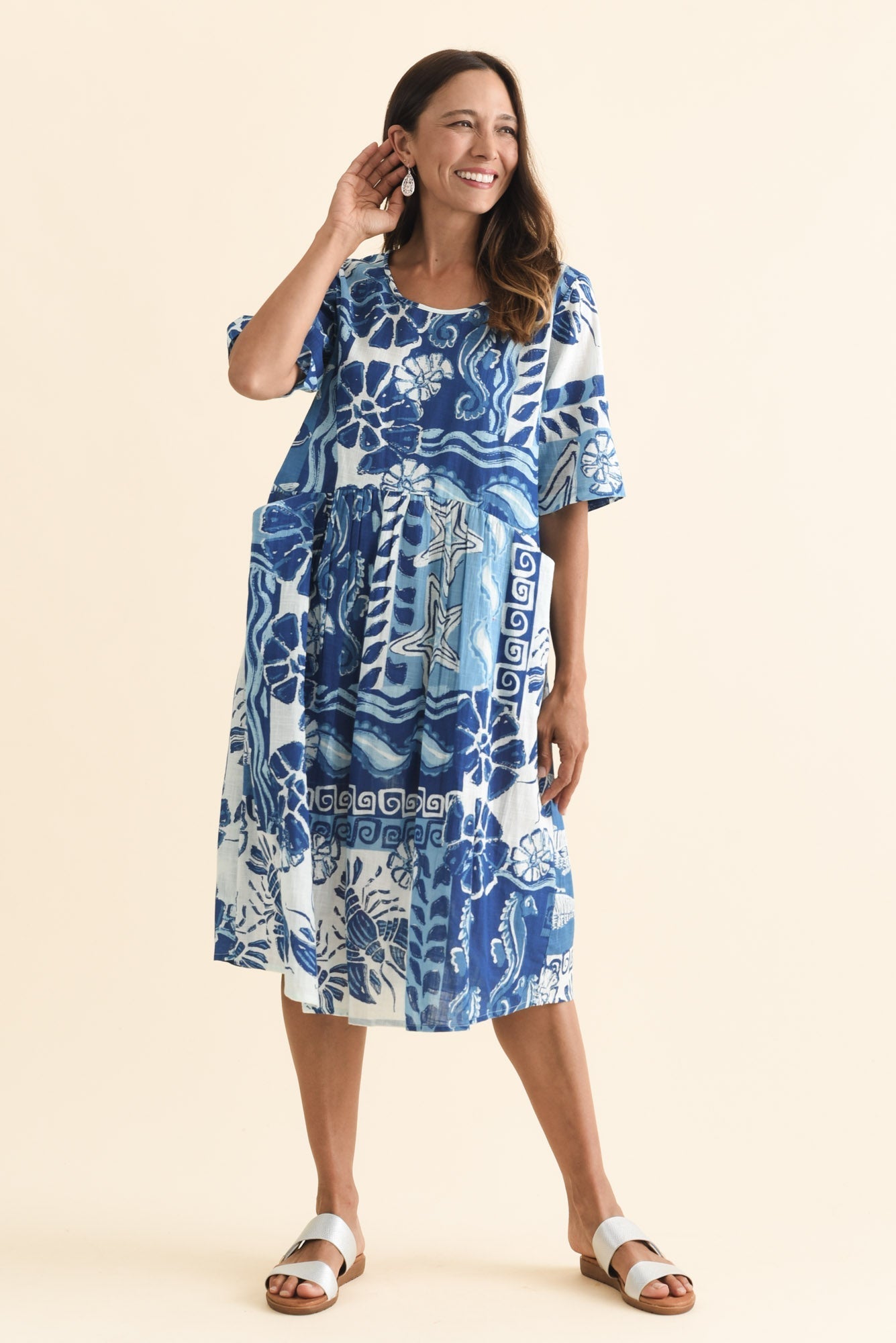 Mackie Blue Ocean Cotton Pocket Dress Front View