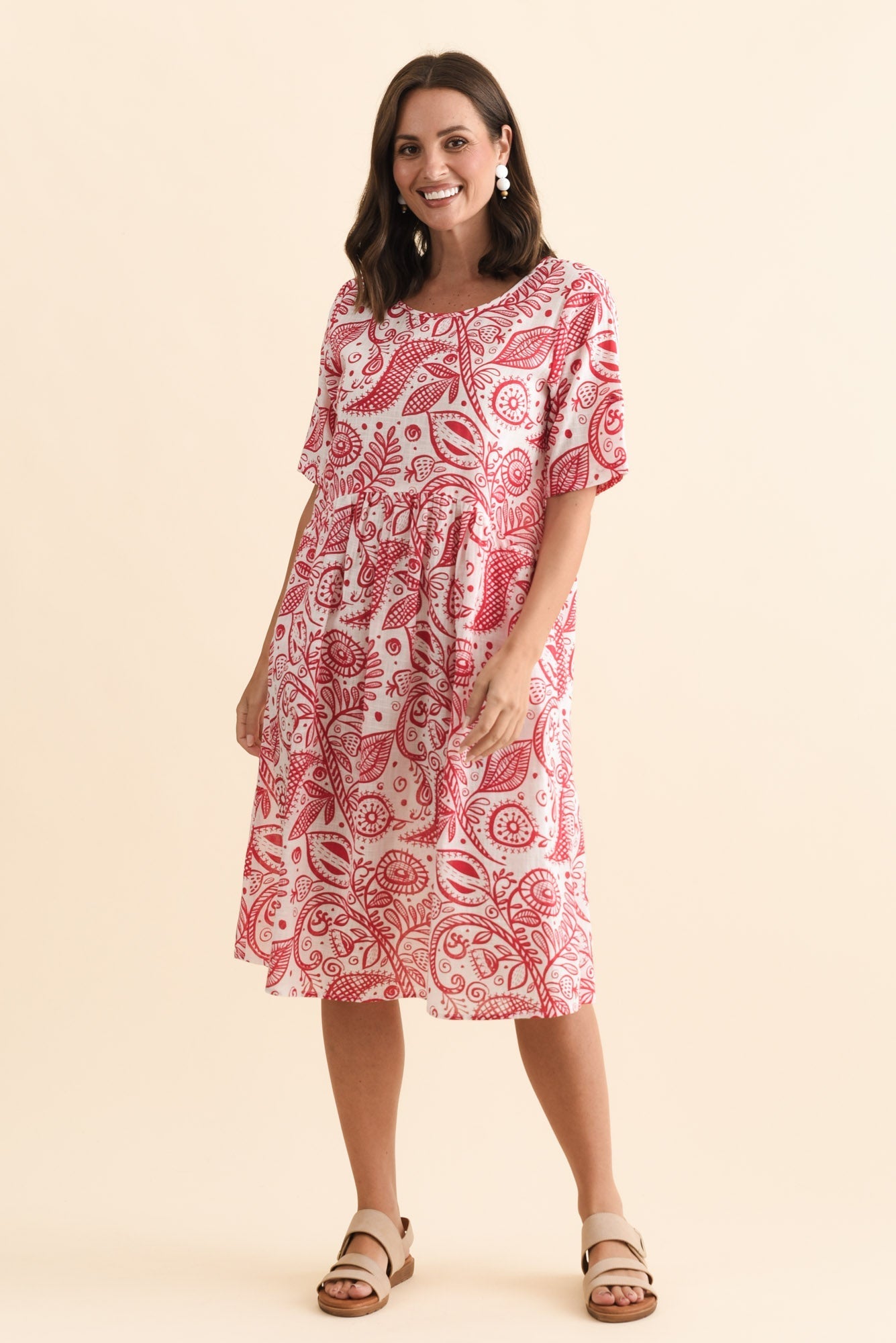 Mackie Red Abstract Cotton Pocket Dress Full Length View