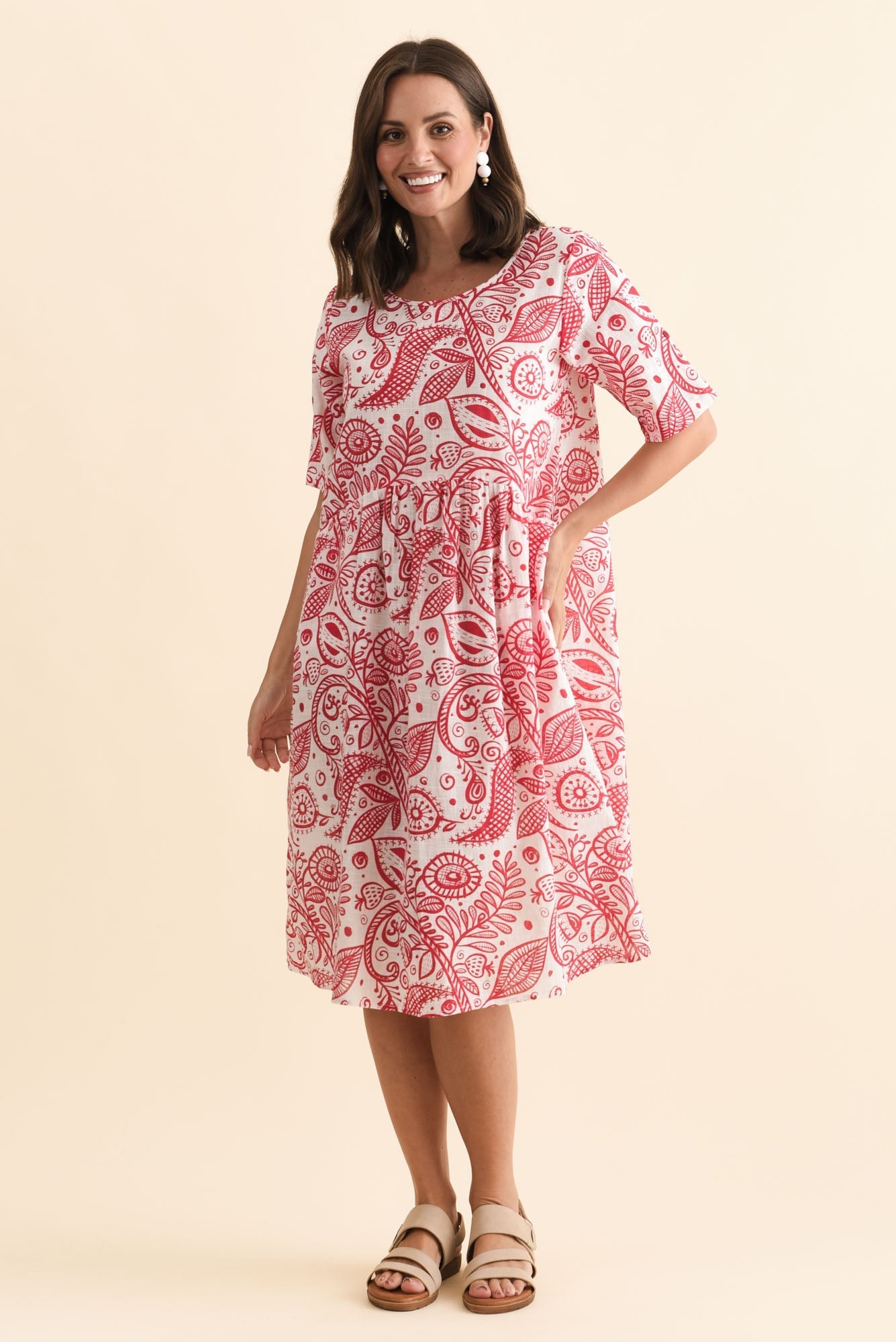 Mackie Red Abstract Cotton Pocket Dress Front View
