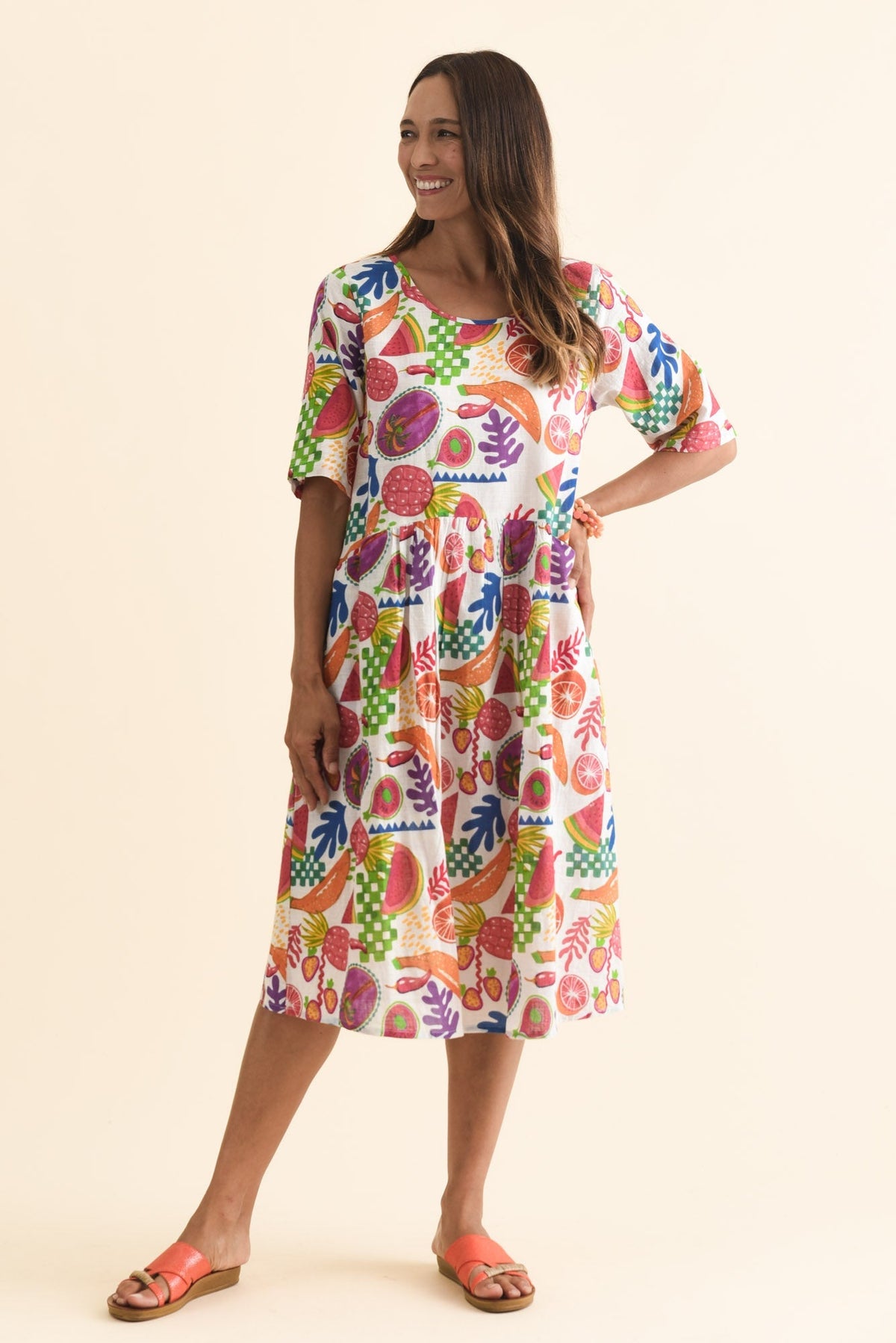 Mackie White Fruity Cotton Pocket Dress Full Length View
