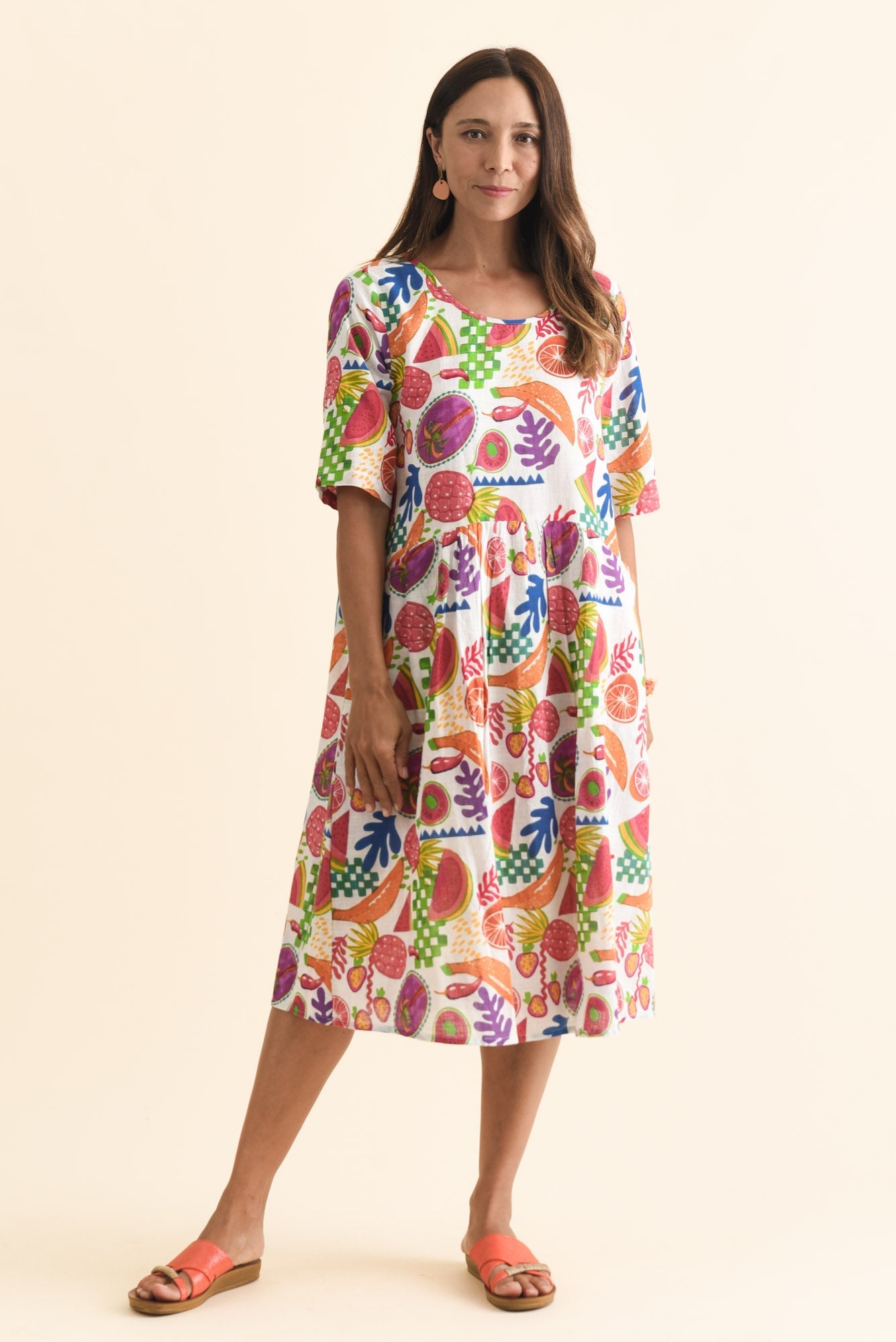 Mackie White Fruity Cotton Pocket Dress Front View 2
