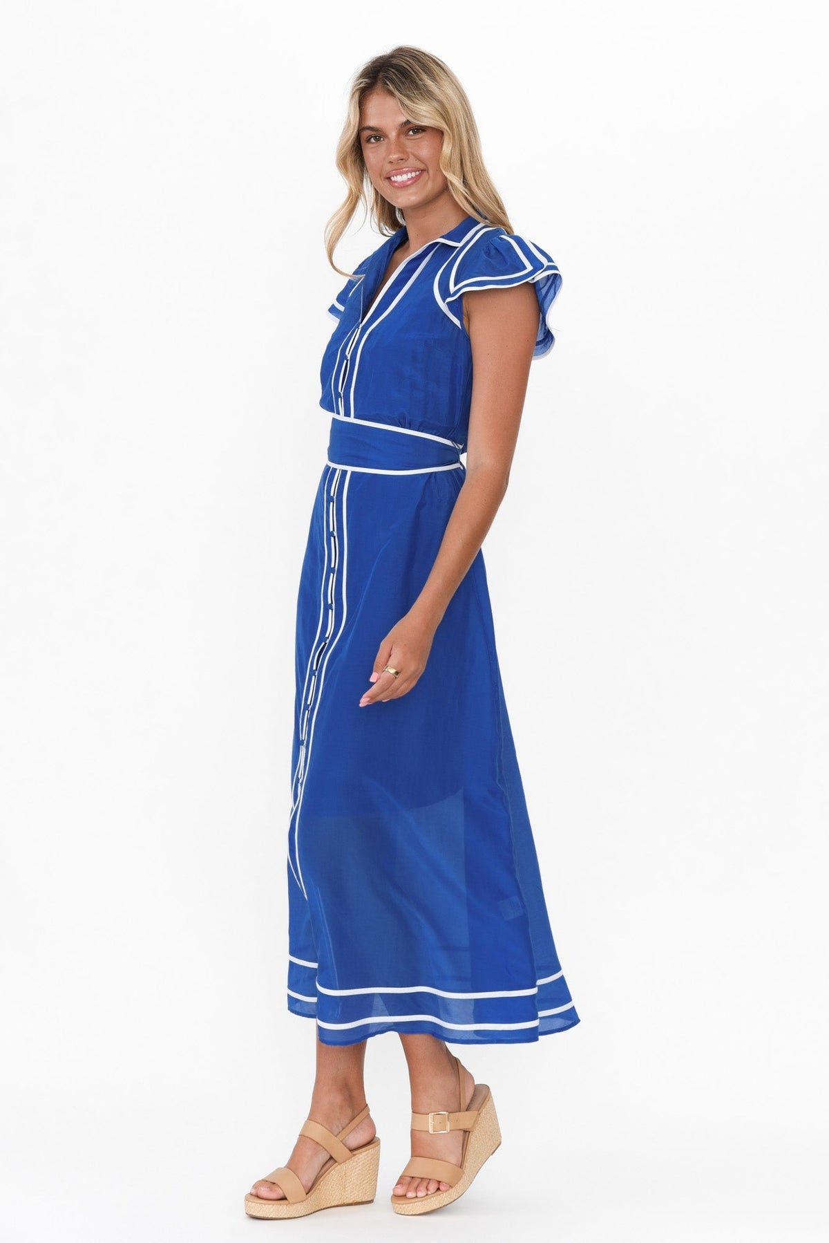 Panama Azure Blue Cotton Maxi Dress Back View