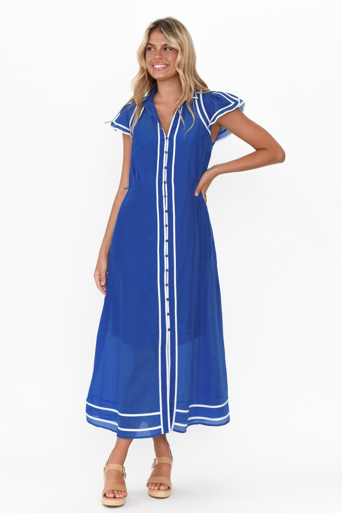 Panama Azure Blue Cotton Maxi Dress Front View