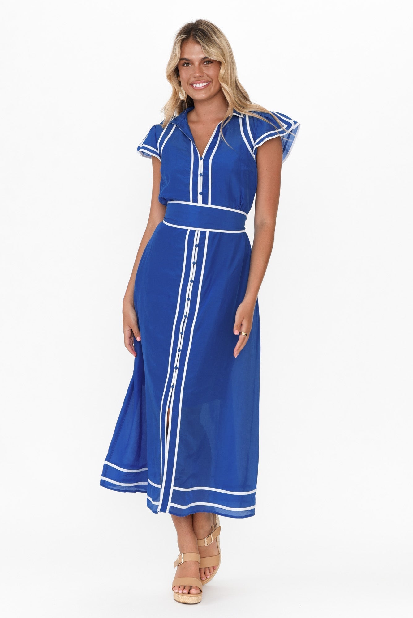 Panama Azure Blue Cotton Maxi Dress Front View 2
