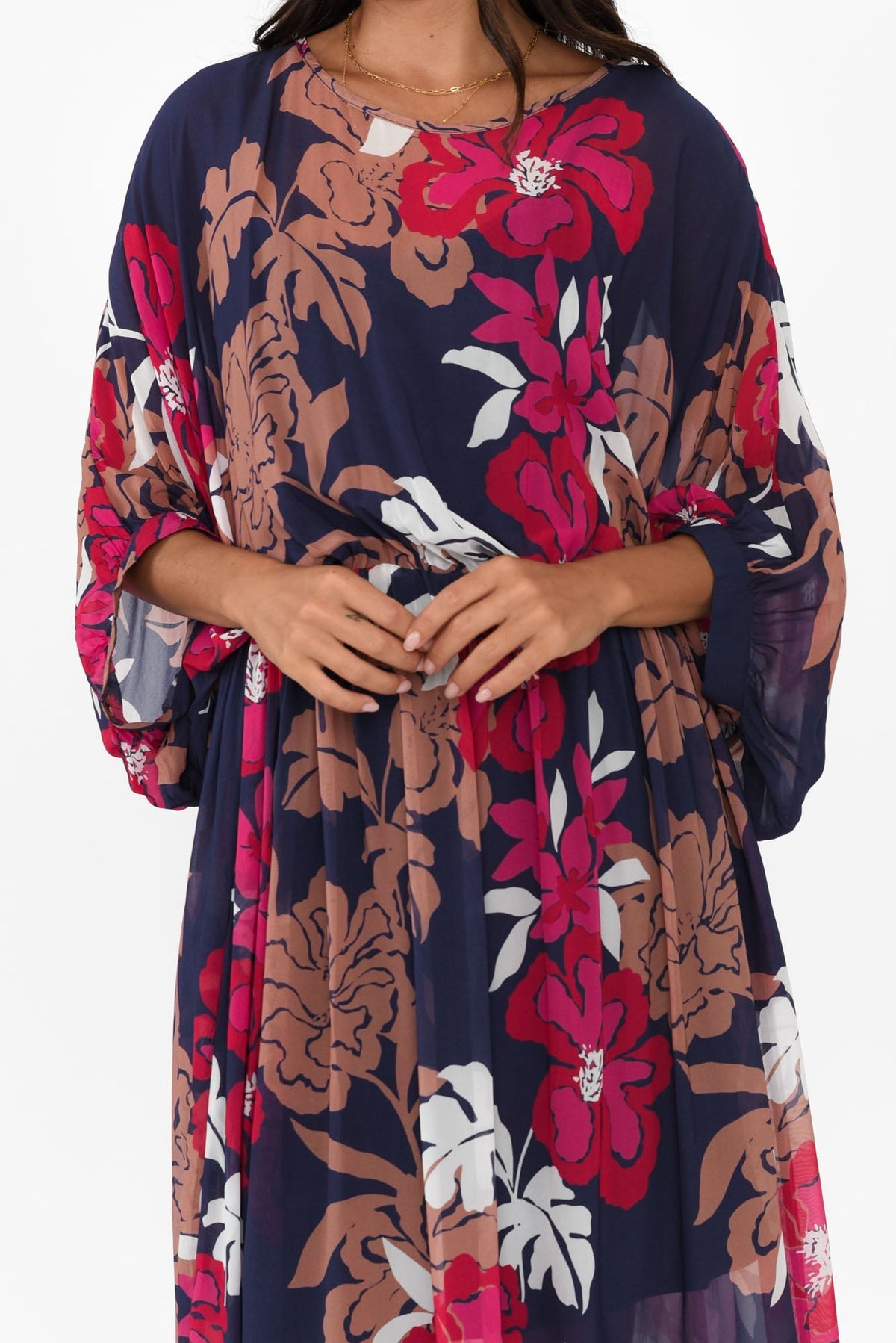 Magnetic Navy Floral Long Sleeve Dress Detail View