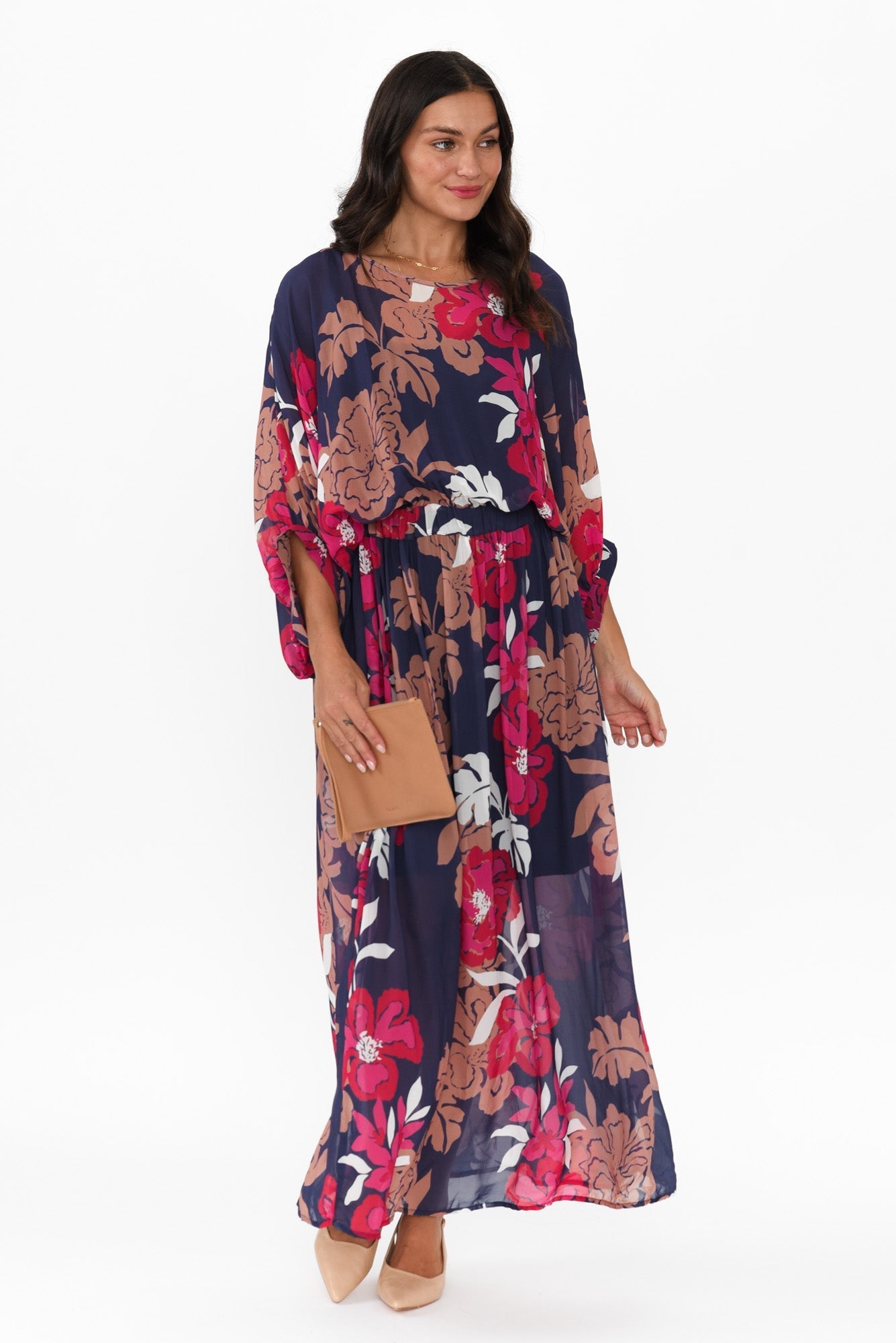 Magnetic Navy Floral Long Sleeve Dress Front View 2