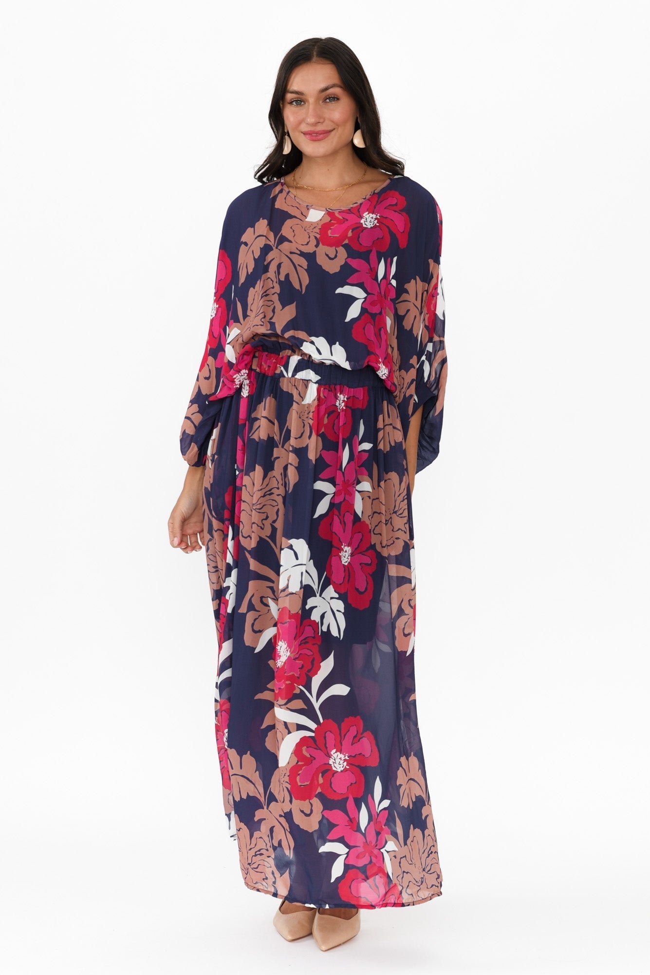 Magnetic Navy Floral Long Sleeve Dress Front View