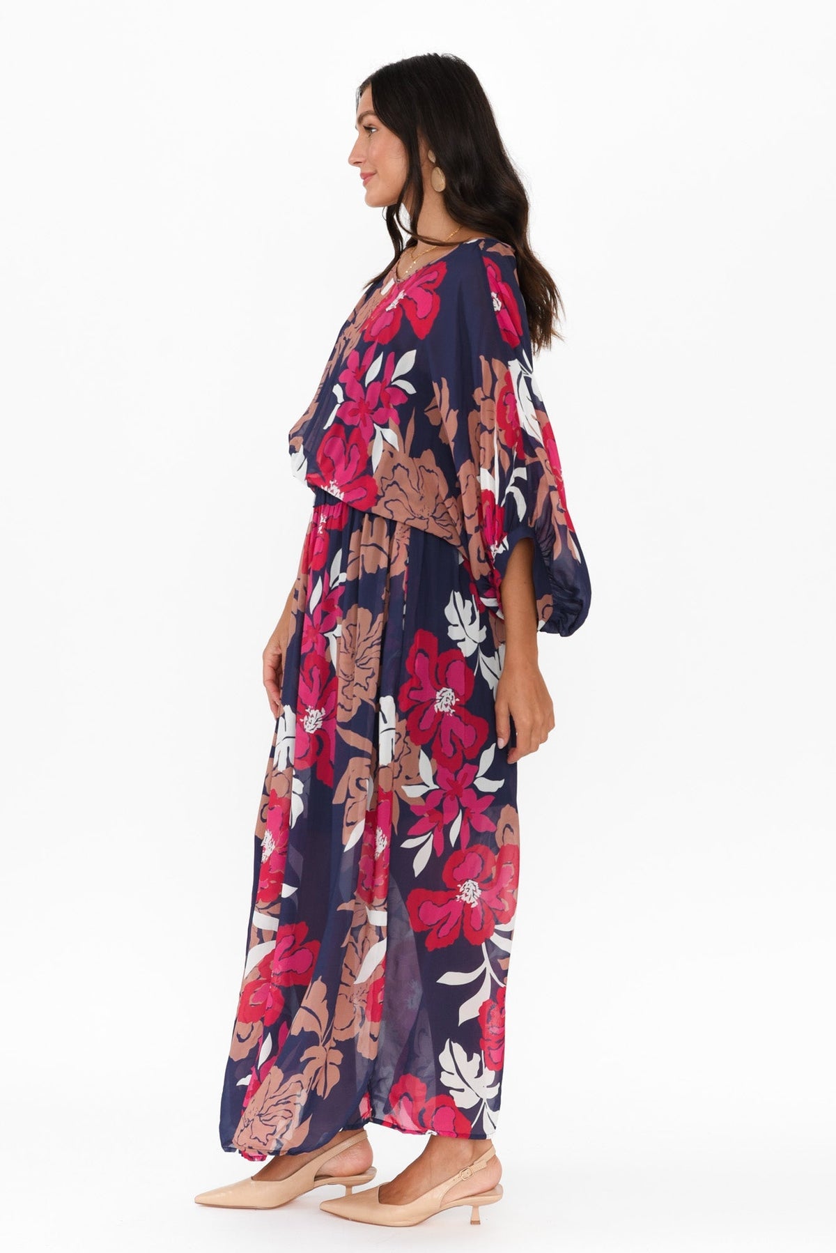Magnetic Navy Floral Long Sleeve Dress Back View