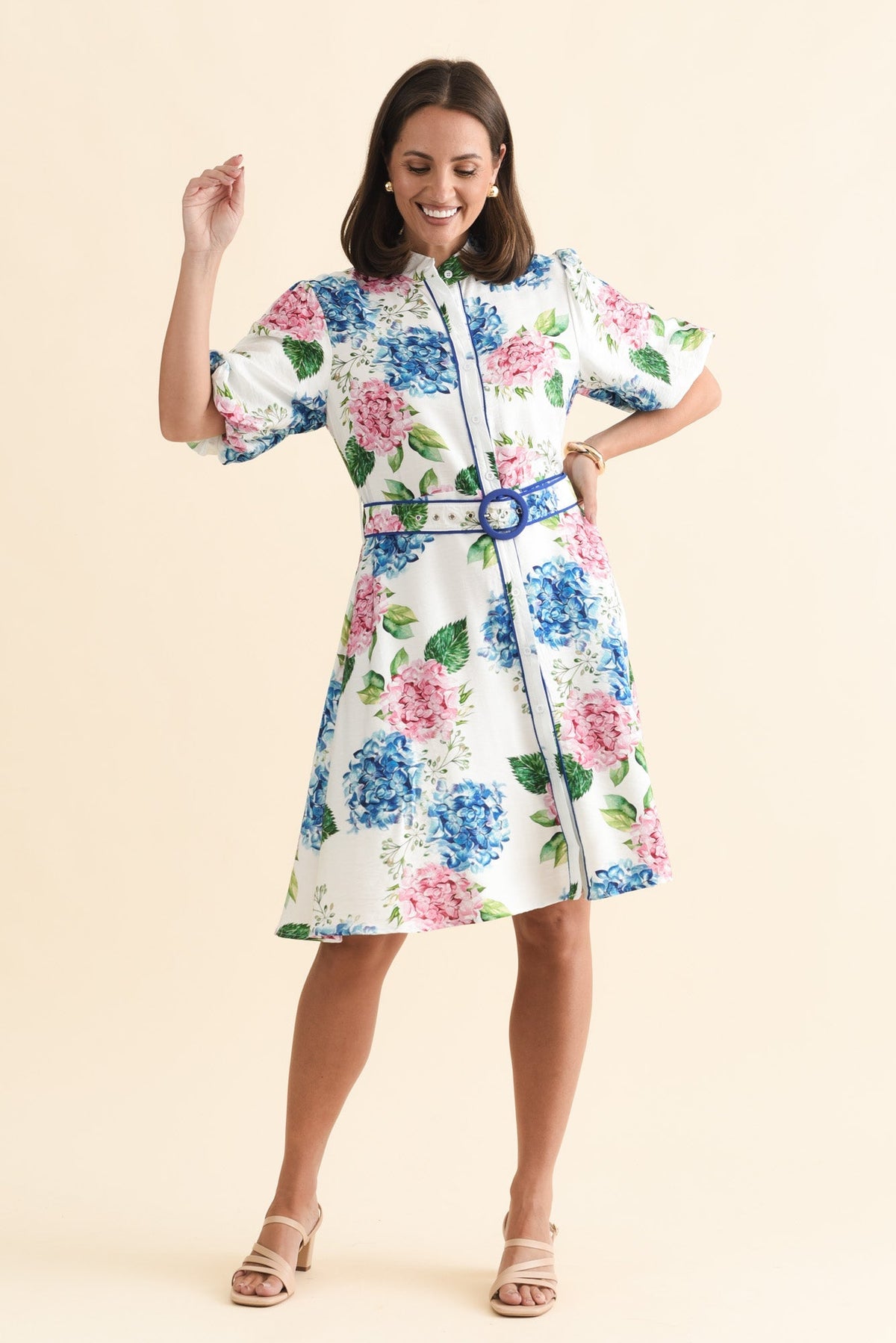 Malia White Flower Linen Cotton Dress Full Length View