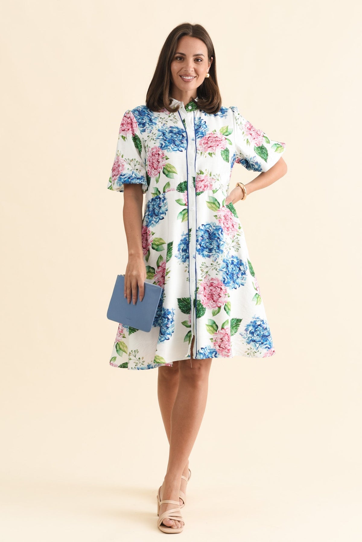 Malia White Flower Linen Cotton Dress Front View 2