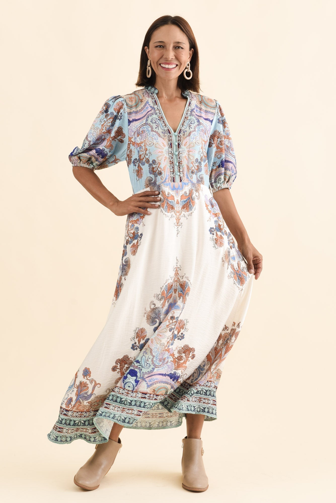 Marchant Blue Mosaic Linen Cotton Dress Front View