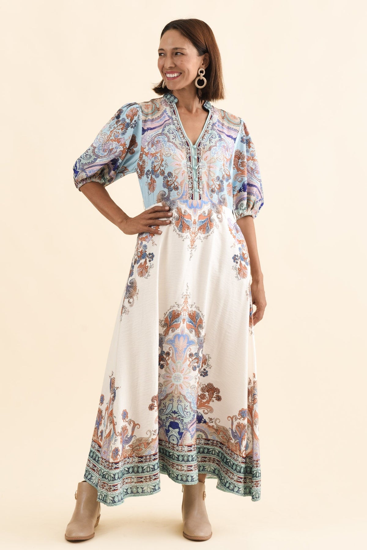 Marchant Blue Mosaic Linen Cotton Dress Full Length View